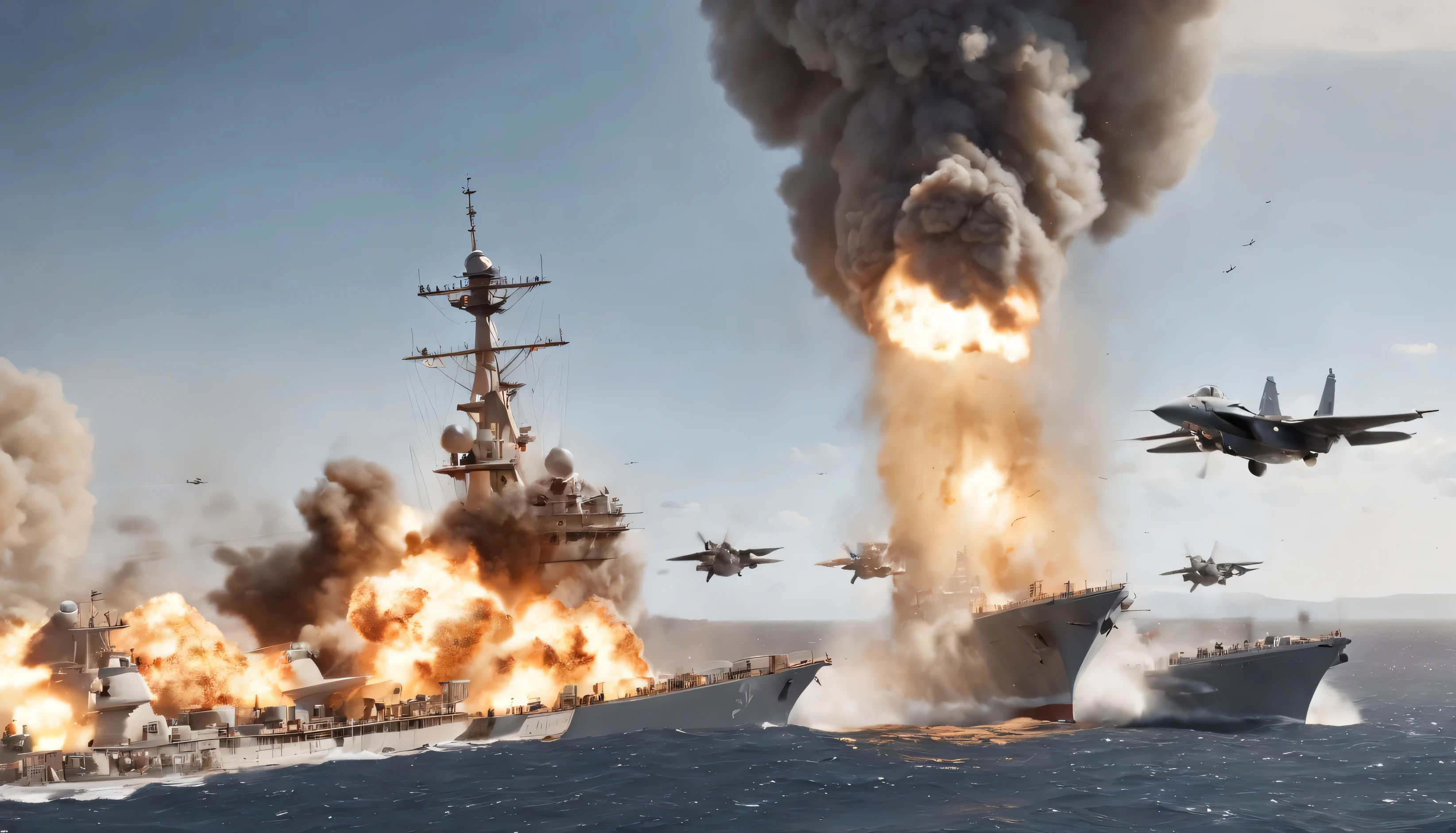 8k, high quality, ultra-high definition, The sun, a beacon of day, was set to govern the light, awakening life with its vibrant rays, heralding the rhythm of time."Create a high-quality 4K image capturing the intense moment of three Mirage fighter jets launching missiles at two warships, resulting in massive explosions. Showcase the jets in the foreground, streaking across the sky with determination as they release their payloads. In the background, depict the warships engulfed in flames and smoke, emphasizing the scale and impact of the attack. Ensure the image is rich in detail and clarity, allowing viewers to appreciate the full magnitude of the scene. Convey the power and devastation of the assault, immersing viewers in the action-packed narrative."