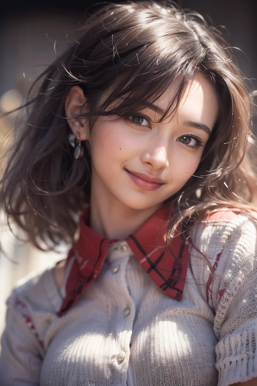 highest quality, masterpiece, (realistic:1.4), 1 girl, light smile, collared shirt, Upper body, dramatic lighting, from below