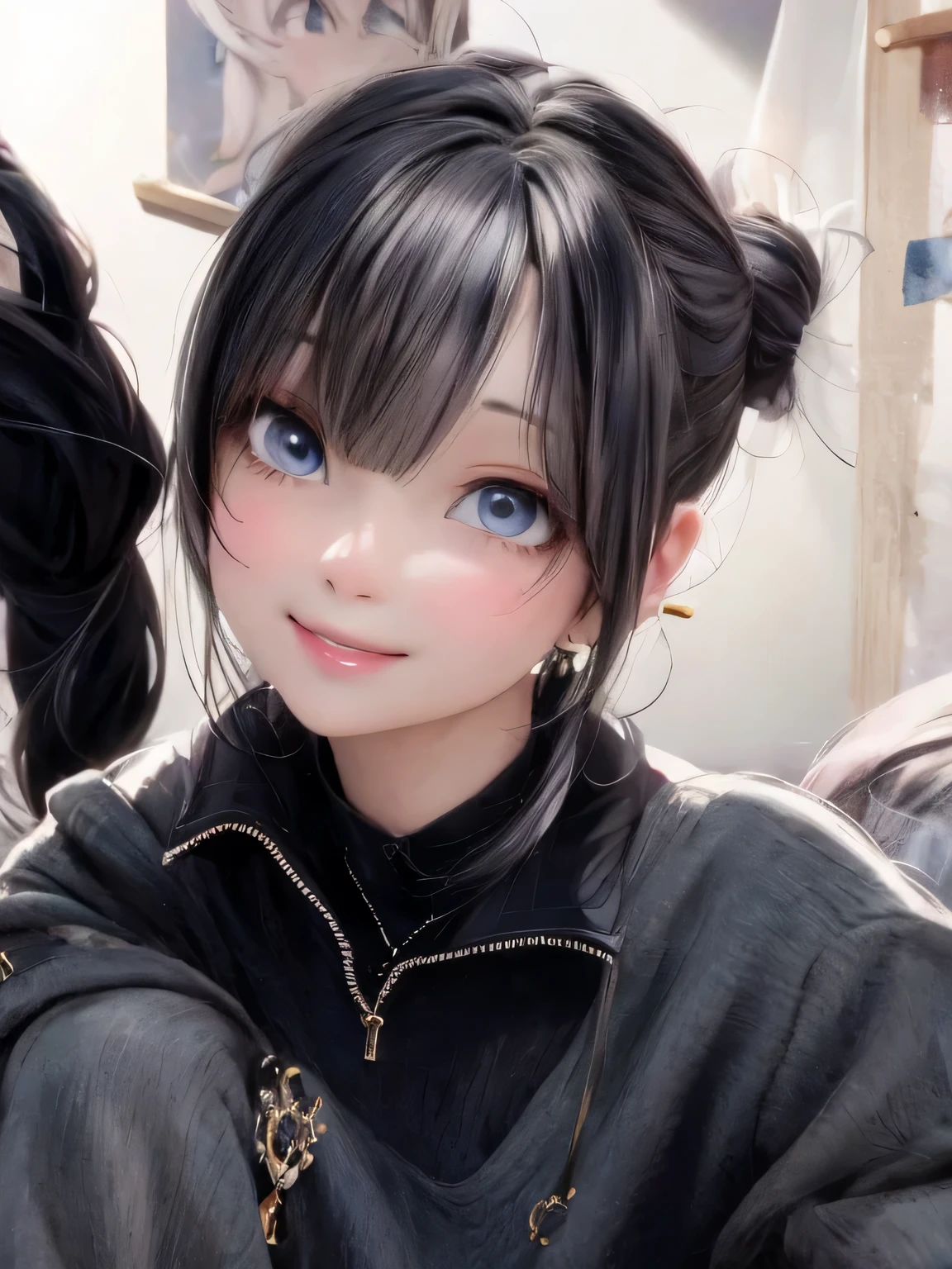 masterp[iece, best quality, a girl smiling with long black hair sitting on the floor with a guitar, black hime cut hair, 1 7 - - old me goth girl, black hair, cruel korean goth girl, she has black hair with bangs, anime girl in real life, with straight black hair, with long hair and piercing eyes, emo anime girl, the hime cut, cute digital painting, cute digital art, realistic cute girl painting, cute detailed digital art, cute cartoon characters, beautiful character painting, cute characters, cute anime girl, cute cartoon, kawaii realistic portrait, digital cartoon painting art, cartoon cute, cute portrait, render a cute 3D anime girl, kawaii realistic portrait, anime moe art style, sdrawn in an anime artist studio
