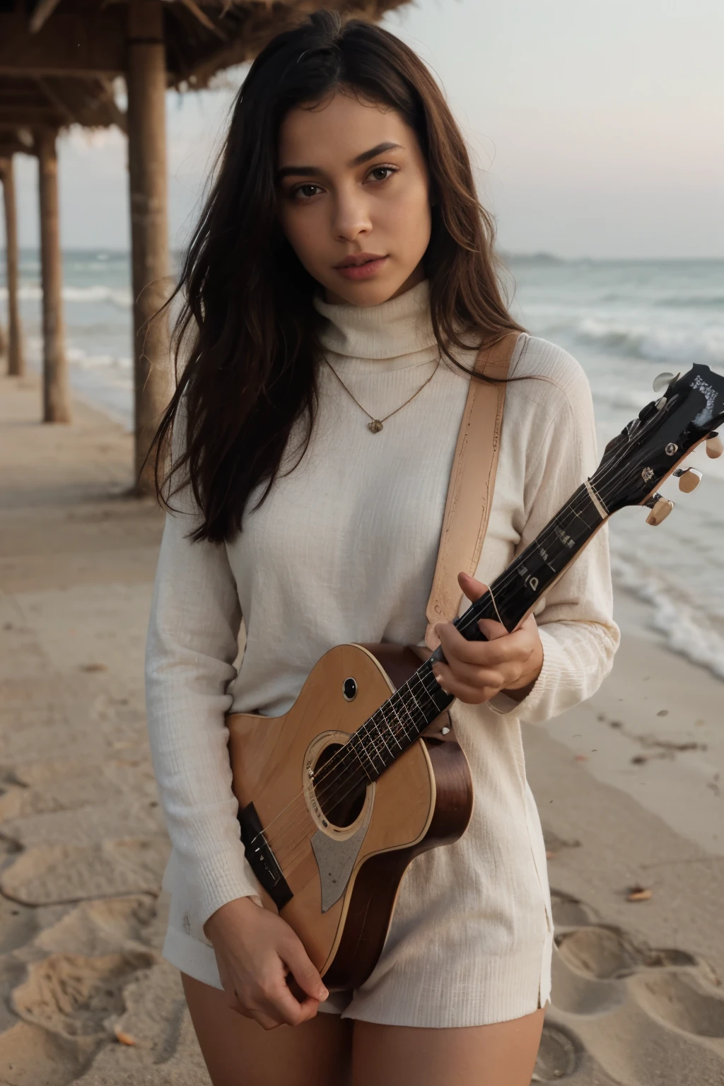 Beautiful Black Female, hazy look, slouchy orange turtleneck, facing camera holding a guitar on the beach