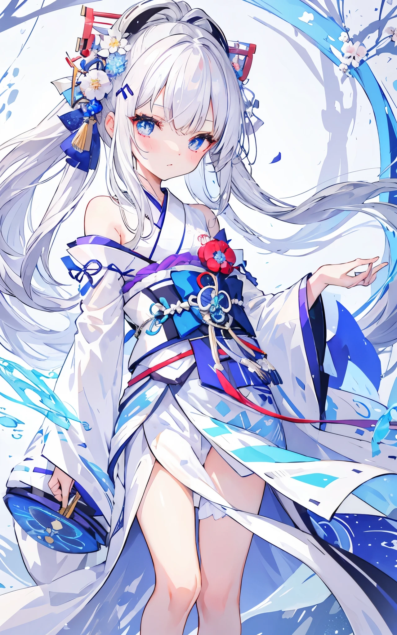 Silver-white hair,pupil,very stunning,Petite and cute little sweet girl,White blue Japanese kimono soft and waxy texture,Super cute