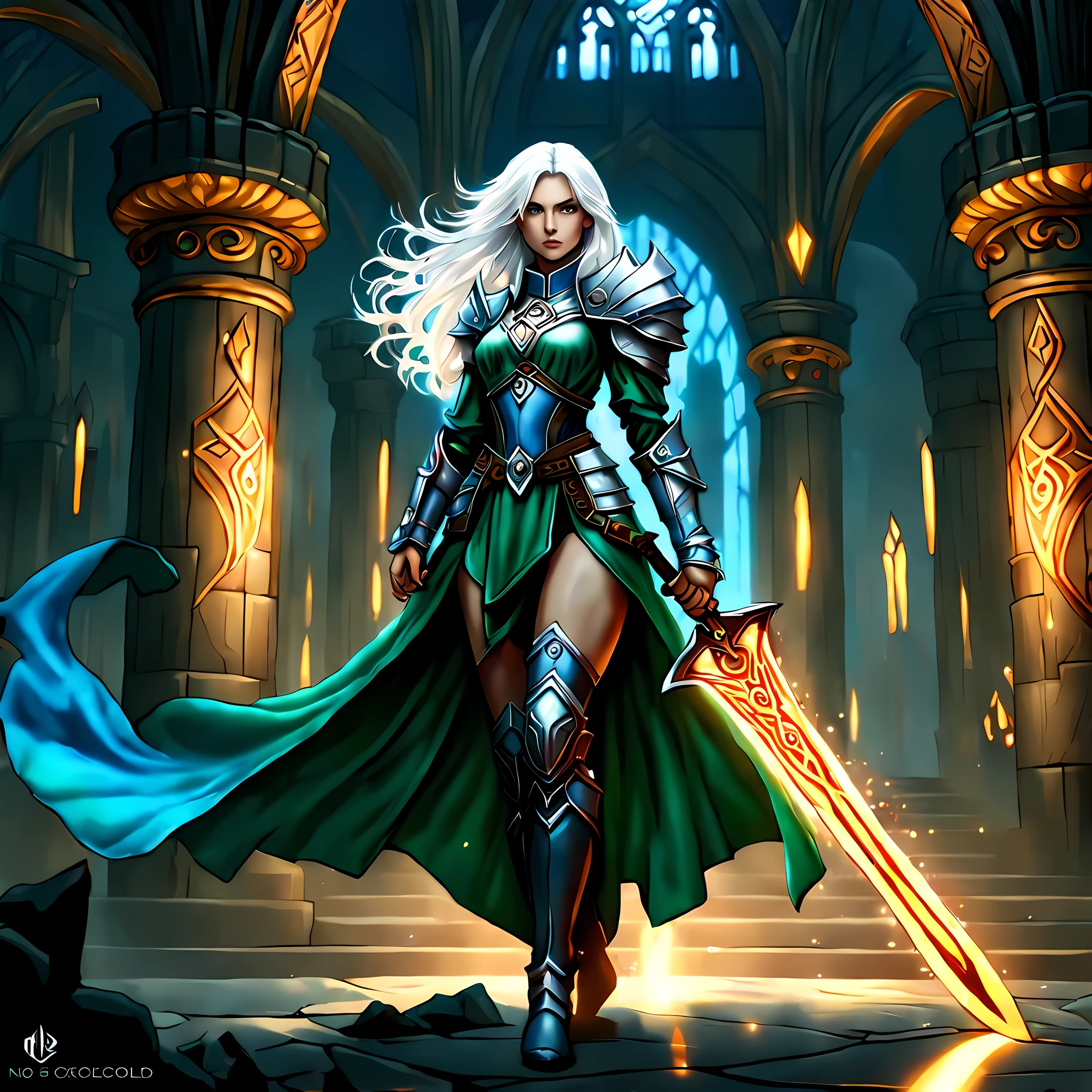 fantasy art, dnd art, RPG art, wide shot, (masterpiece: 1.4) a (portrait: 1.3) intense details, highly detailed, photorealistic, best quality, highres, portrait a vedalken female (fantasy art, Masterpiece, best quality: 1.3) ((blue skin: 1.5)), intense details facial details, exquisite beauty, (fantasy art, Masterpiece, best quality) cleric, (blue colored skin: 1.5) 1person blue_skin, blue skinned female, (white hair: 1.3), long hair, intense (green: 1.3) eye, fantasy art, Masterpiece, best quality) armed a fiery sword red fire, wearing heavy (white: 1.3) half plate mail armor, wearing high heeled laced boots, wearing an(orange :1.3) cloak, wearing glowing holy symbol GlowingRunes_yellow, within fantasy temple background, reflection light, high details, best quality, 16k, [ultra detailed], masterpiece, best quality, (extremely detailed), close up, ultra wide shot, photorealistic, RAW, fantasy art, dnd art, fantasy art, realistic art,((best quality)), ((masterpiece)), (detailed), perfect face, ((no ears: 1.6))