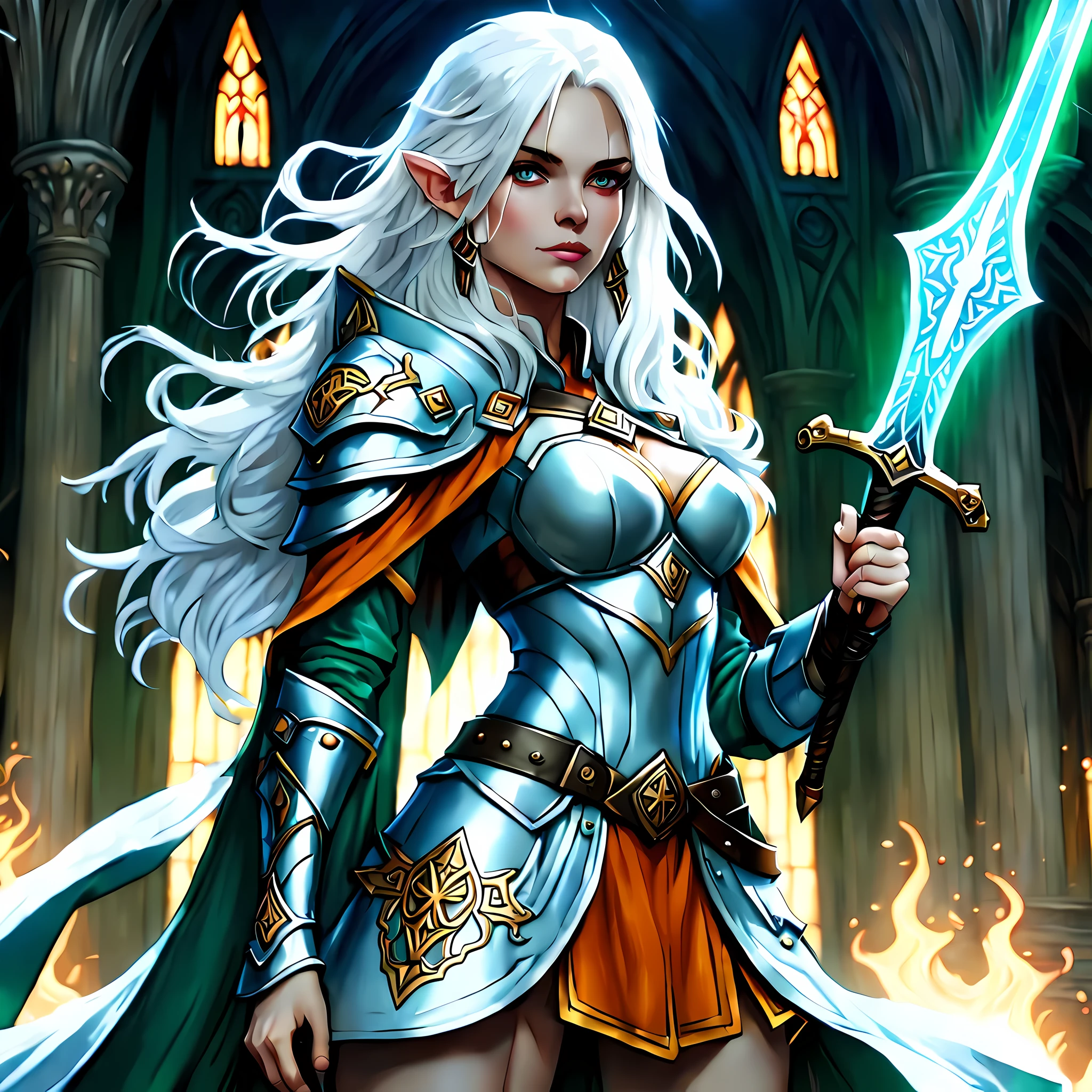 fantasy art, dnd art, RPG art, wide shot, (masterpiece: 1.4) a (portrait: 1.3) intense details, highly detailed, photorealistic, best quality, highres, portrait a vedalken female (fantasy art, Masterpiece, best quality: 1.3) ((blue skin: 1.5)), intense details facial details, exquisite beauty, (fantasy art, Masterpiece, best quality) cleric, (blue colored skin: 1.5) 1person blue_skin, blue skinned female, (white hair: 1.3), long hair, intense (green: 1.3) eye, fantasy art, Masterpiece, best quality) armed a fiery sword red fire, wearing heavy (white: 1.3) half plate mail armor, wearing high heeled laced boots, wearing an(orange :1.3) cloak, wearing glowing holy symbol GlowingRunes_yellow, within fantasy temple background, reflection light, high details, best quality, 16k, [ultra detailed], masterpiece, best quality, (extremely detailed), close up, ultra wide shot, photorealistic, RAW, fantasy art, dnd art, fantasy art, realistic art,((best quality)), ((masterpiece)), (detailed), perfect face, ((no ears: 1.6))
