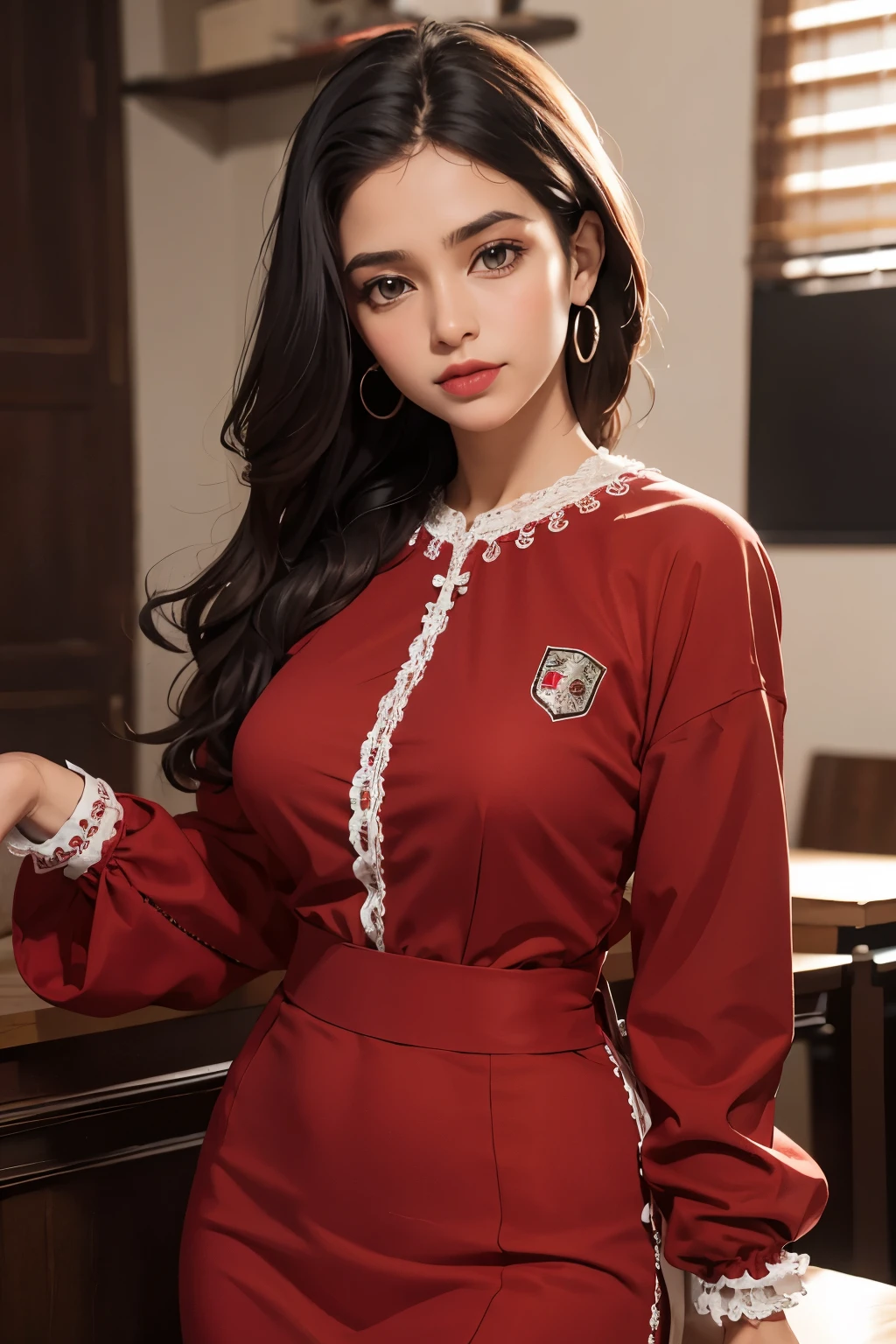 Uma professora de roupa branca e uma saia listrada cor vermelha e preto, sentada numa mesa escola 