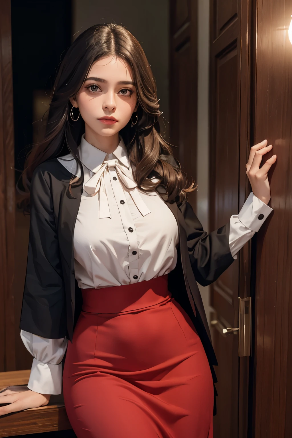 Uma professora de roupa branca e uma saia listrada cor vermelha e preto, sentada numa mesa escola 