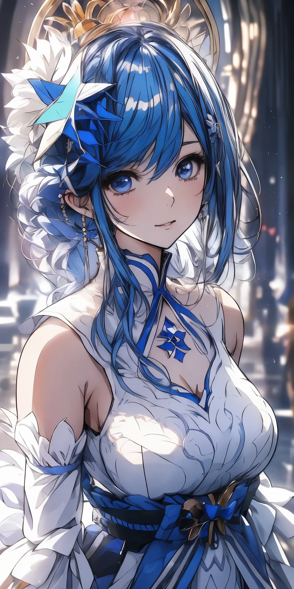Anime girl with blue hair and white dress posing for the camera., arte de anime digital detallado, guweiz en artstation pixiv, guweiz en pixiv artstation, tendencia en artstation pixiv, estilo anime 4k, arte de anime detallado, Arte detallado de alta calidad 8k, arte de anime detalladowork, clean arte de anime detallado, en vestido
