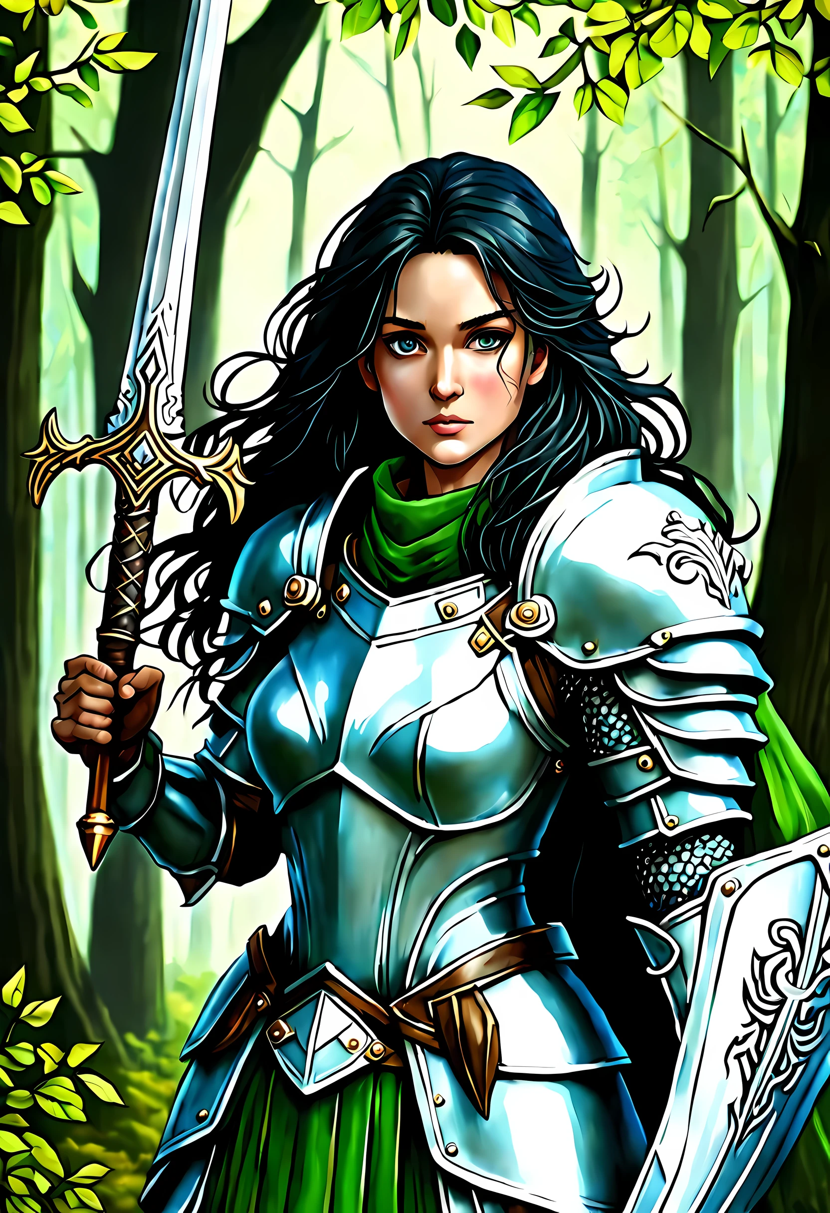 a picture of woman paladin of nature protecting the forest, a woman knight, black hair, long hair, full body DonMW15pXL (best details, Masterpiece, best quality :1.5), ultra detailed face (best details, Masterpiece, best quality :1.5), ultra feminine (best details, Masterpiece, best quality :1.5), black hair, long hair, braided hair, pale skin, (deep blue: 1.2) eyes, intense eyes, wearying heavy armor, (white: 1.3) armor (best details, Masterpiece, best quality :1.5), green cloak, armed with a sword, glowing sword GlowingRunes_green, fantasy forest background, D&D art, RPG art, magical atmosphere magic-fantasy-forest, ultra best realistic, best details, best quality, 16k, [ultra detailed], masterpiece, best quality, (extremely detailed), ultra wide shot, photorealism, depth of field, hyper realistic painting