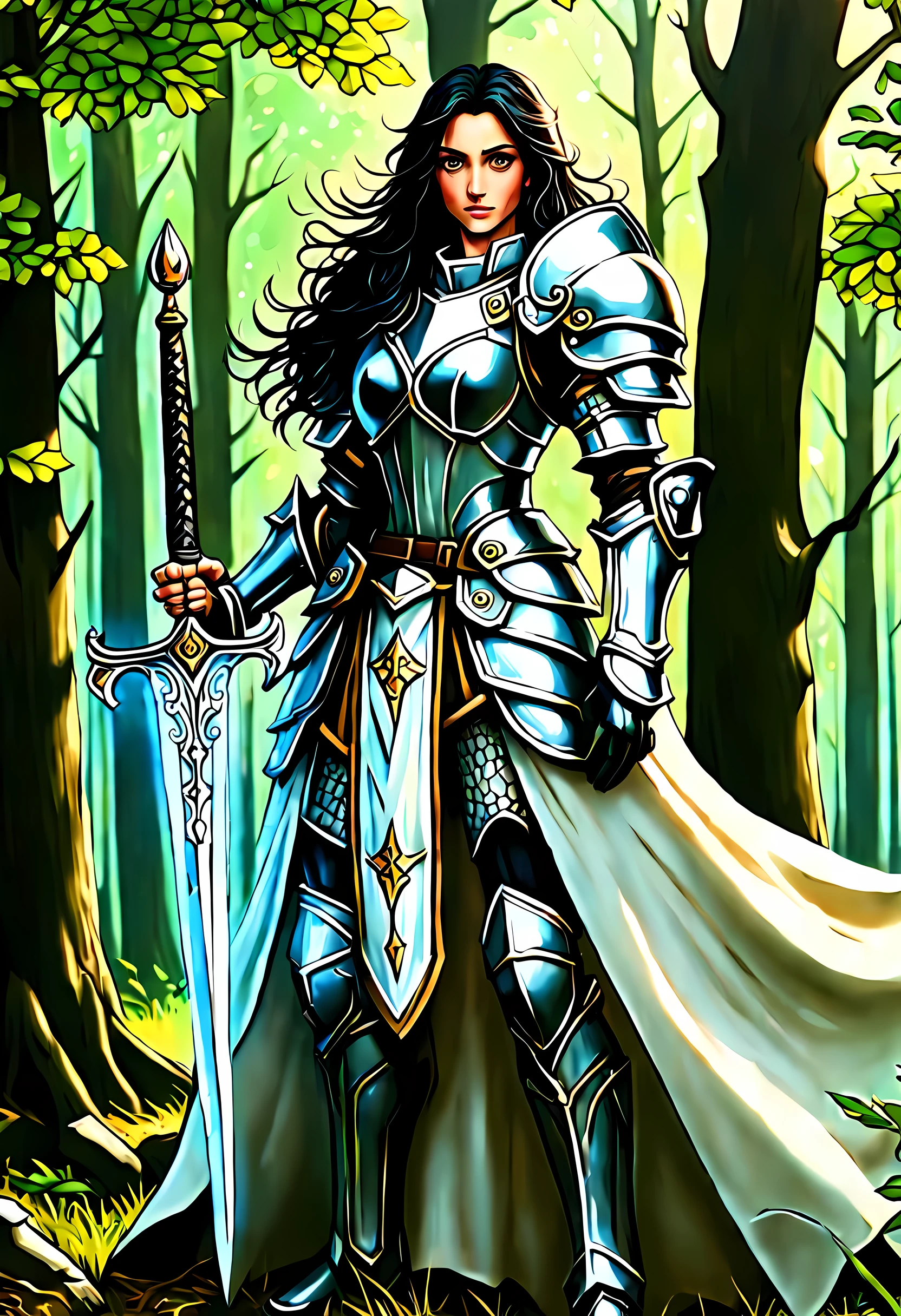 a picture of woman paladin of nature protecting the forest, a woman knight, black hair, long hair, full body DonMW15pXL (best details, Masterpiece, best quality :1.5), ultra detailed face (best details, Masterpiece, best quality :1.5), ultra feminine (best details, Masterpiece, best quality :1.5), black hair, long hair, braided hair, pale skin, (deep blue: 1.2) eyes, intense eyes, wearying heavy armor, (white: 1.3) armor (best details, Masterpiece, best quality :1.5), green cloak, armed with a sword, glowing sword GlowingRunes_green, fantasy forest background, D&D art, RPG art, magical atmosphere magic-fantasy-forest, ultra best realistic, best details, best quality, 16k, [ultra detailed], masterpiece, best quality, (extremely detailed), ultra wide shot, photorealism, depth of field, hyper realistic painting