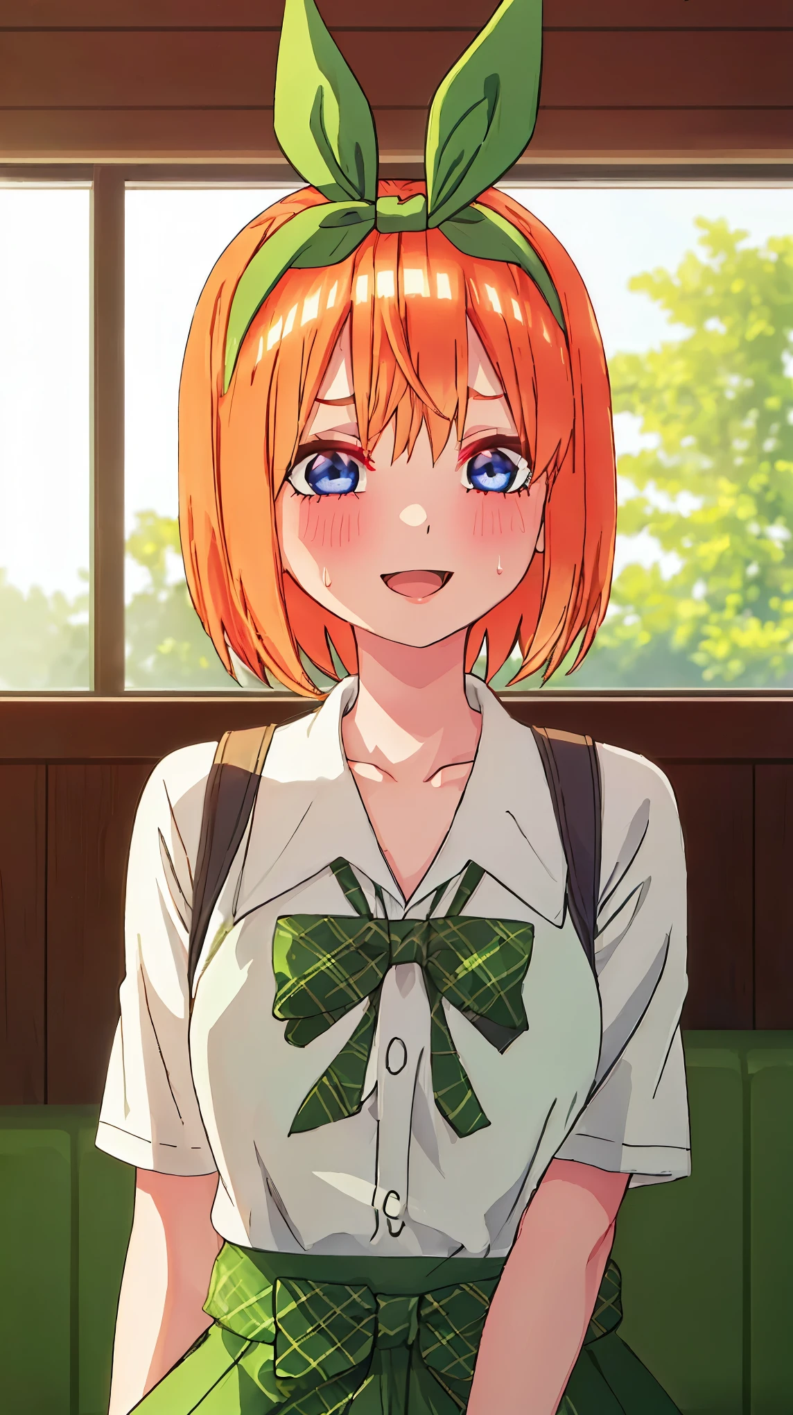 best quality, masterpiece, highres, solo, {nakano_yotsuba_gotoubunnohanayome:1.15}, orange_hair, bangs, ribbon, green_ribbon, hair_ribbon, blush, hair_between_eyes, blue_eyes, short_hair, eyebrows_hidden_by_hair, smile, 1girl, collarbone, open_mouth, shirt, green_hairband, green_shirt, sweatdrop, upper_body, blurry, blurry_background, hairband, looking_at_viewer, green_bow