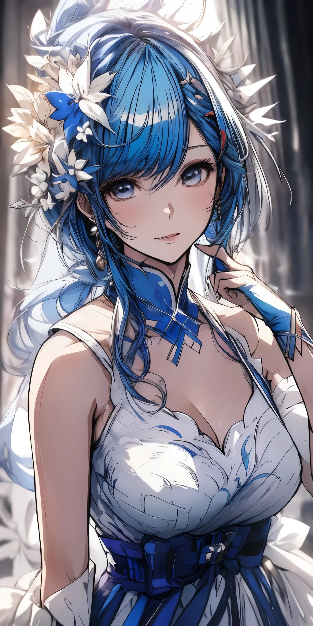 Anime girl with blue hair and white dress posing for the camera., arte de anime digital detallado, guweiz en artstation pixiv, guweiz en pixiv artstation, tendencia en artstation pixiv, estilo anime 4k, arte de anime detallado, Arte detallado de alta calidad 8k, arte de anime detalladowork, clean arte de anime detallado,  en vestido