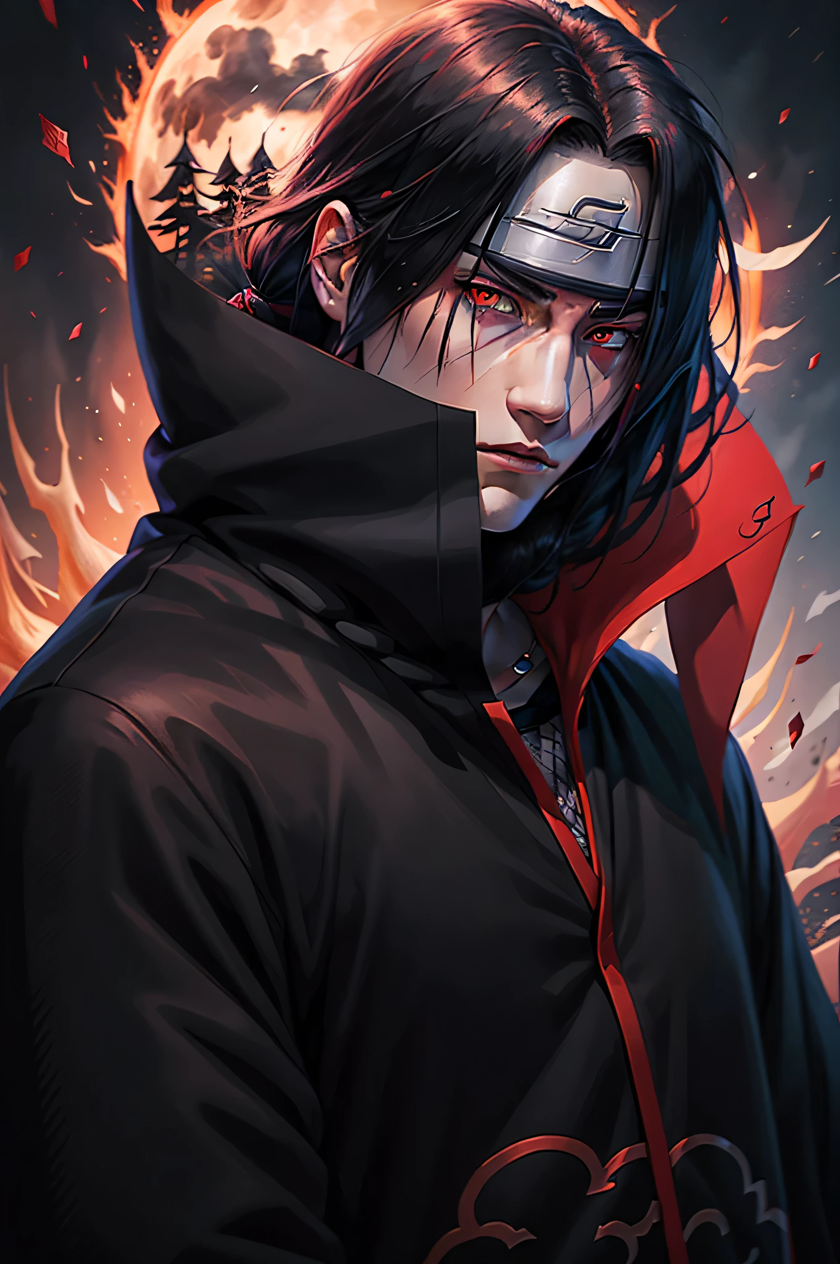 a young man covered in black cape with red cloud drawing or akatsuki robe from naruto, itachi uchiha, itachi, akatsuki akira, itatchi uchiha, epic digital art illustration, shinobi, naruto artstyle, no headband, red moon in the background, red theme, from naruto, long hair, covered in red flame