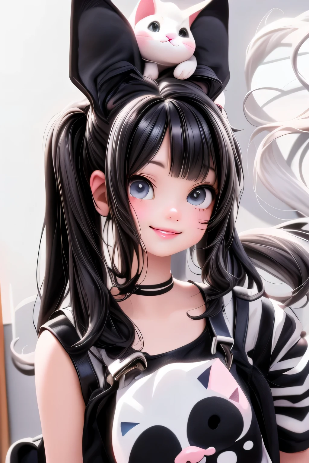 black hair, hair bobbles, longeyelashes, solid circle eyes, fake animal ears, light smile, ear blush, multicolored hair, multicolored hair, maid headdress, heart-shaped pupils, fox ears, crying, Surrealism, drop shadow, anaglyph, stereogram, tachi-e, pov, atmospheric perspective, three sided view, super detail, ccurate, best quality