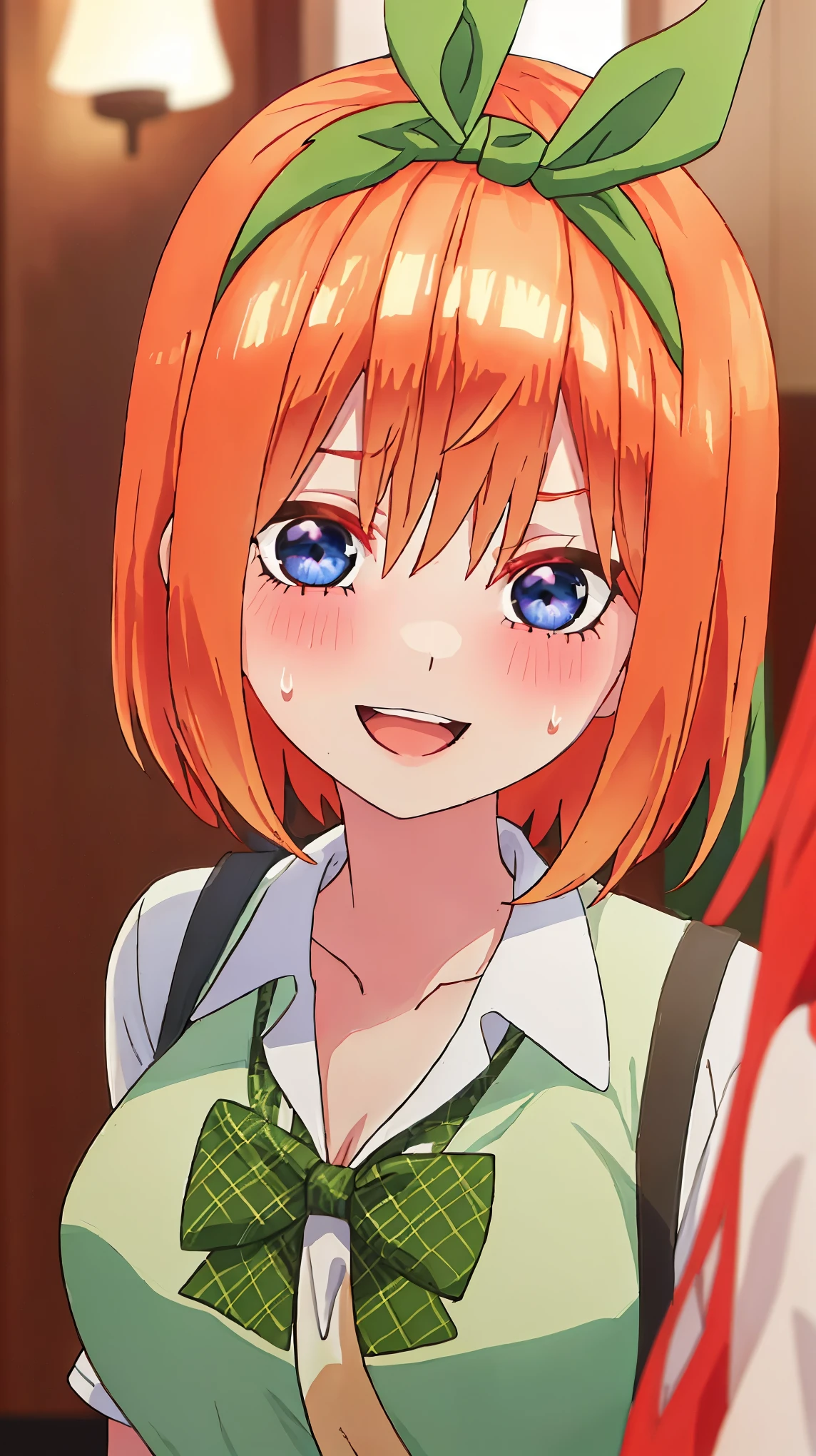 best quality, masterpiece, highres, solo, {nakano_yotsuba_gotoubunnohanayome:1.15}, orange_hair, bangs, ribbon, green_ribbon, hair_ribbon, blush, hair_between_eyes, blue_eyes, short_hair, eyebrows_hidden_by_hair, smile, 1girl, collarbone, open_mouth, shirt, green_hairband, green_shirt, sweatdrop, upper_body, blurry, blurry_background, hairband, looking_at_viewer, green_bow