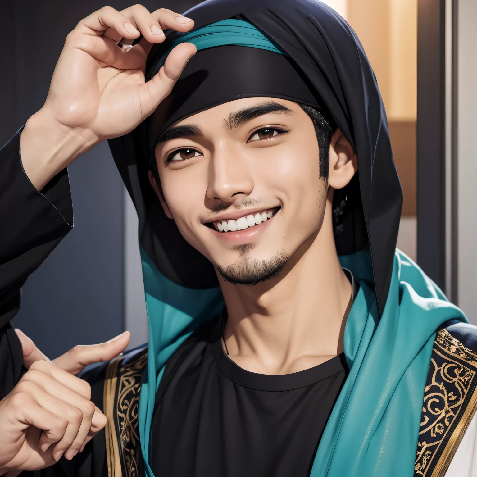 Muslim anime guy character smiling