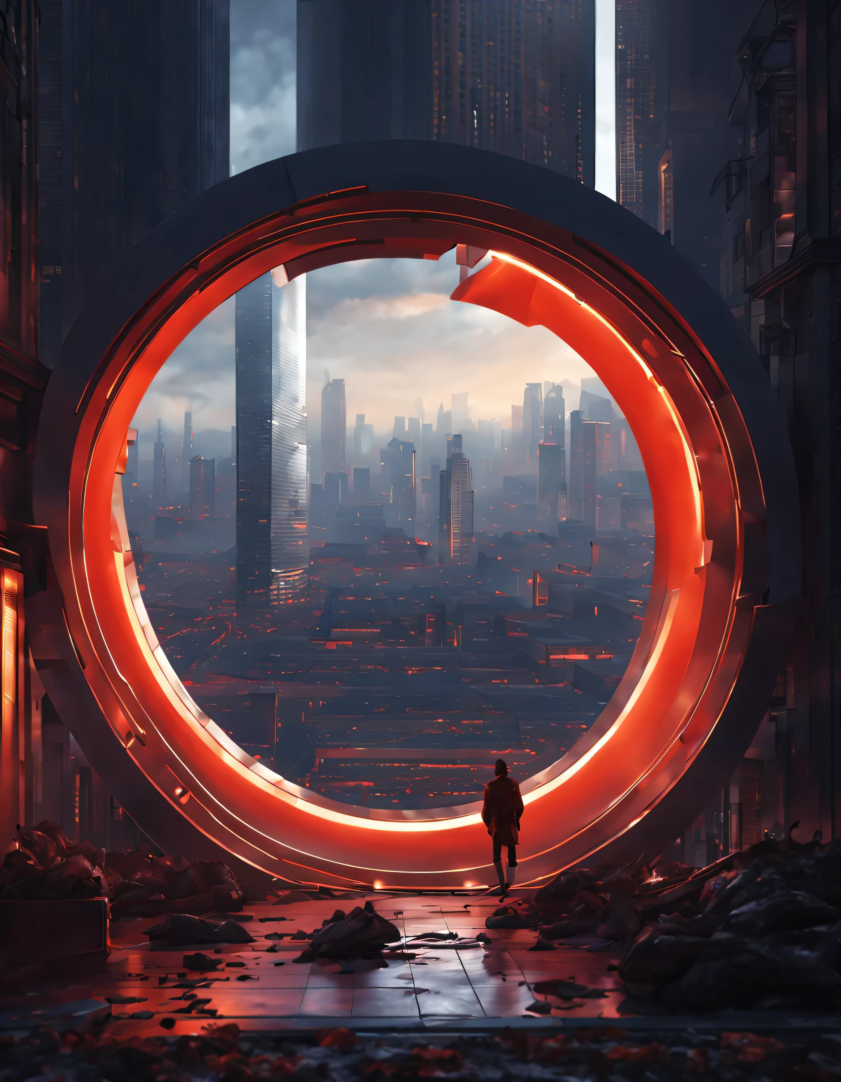 a high resolution, masterpiece, Huge red and orange round portal over a modern city., view from a residential building. In the style of Yoji Shinkawa and Hyun Tae Kim., trending on ArtStation, Greg Rutkowski, Dark Fantasy, Excellent composition, Conceptual art, very huge red-orange round portal over a modern city, view from a residential building, low angle, very detailed, Warm lighting, volume, Godreis, bright, trending on ArtStation, Jordan Grimmer, Арт Greg Rutkowski
