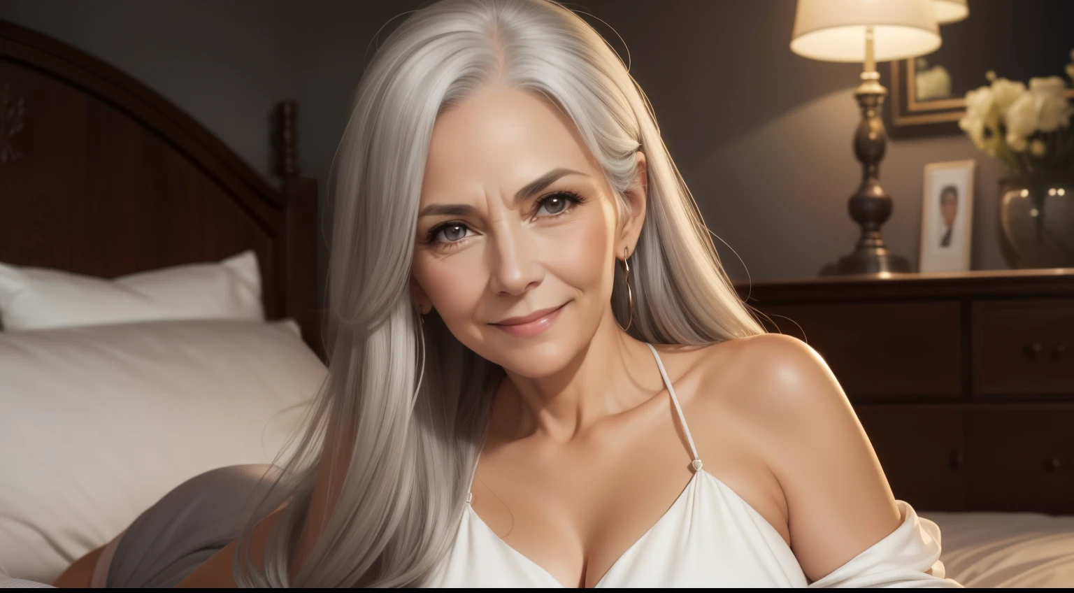 portrait of a 65 year old woman with gray hair, seductive look, brown eyes, some wrinkles on her face, 8K, detailed background, utlra realistic, realism, exta realistic, wrinkles on body, at home posing in the bedroom, wearing a beautiful short white dress, nighttime, NSFW, showing full body, full body, big, looking at the viewer, smiling, teeth indoors,  Soft lighting, extreme detail, HDR, long hair, wearing a long dress