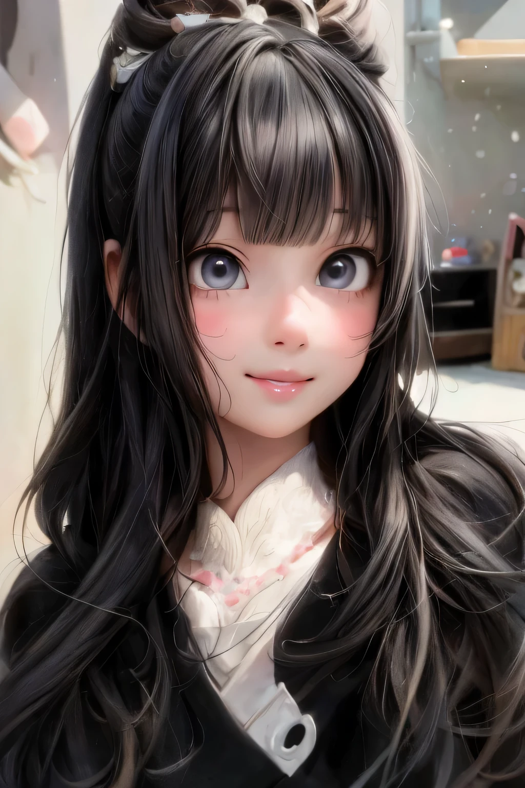 masterpiece, best quality, a cute girl smiling with long black hair and bangs posing for a picture, ulzzang, she has black hair with bangs, cute kawaii girl, cute natural anime face, black hime cut hair, girl cute-fine-face, anime girl in real life, wan adorable korean face, white hime cut hairstyle, pretty anime girl, cute anime girl, cute digital painting, cute digital art, realistic cute girl painting, cute detailed digital art, cute cartoon characters, beautiful character painting, cute characters, cute anime girl, cute cartoon, kawaii realistic portrait, digital cartoon painting art, cartoon cute, cute portrait, render a cute 3D anime girl, kawaii realistic portrait, anime moe art style, drawn in an anime artist studio