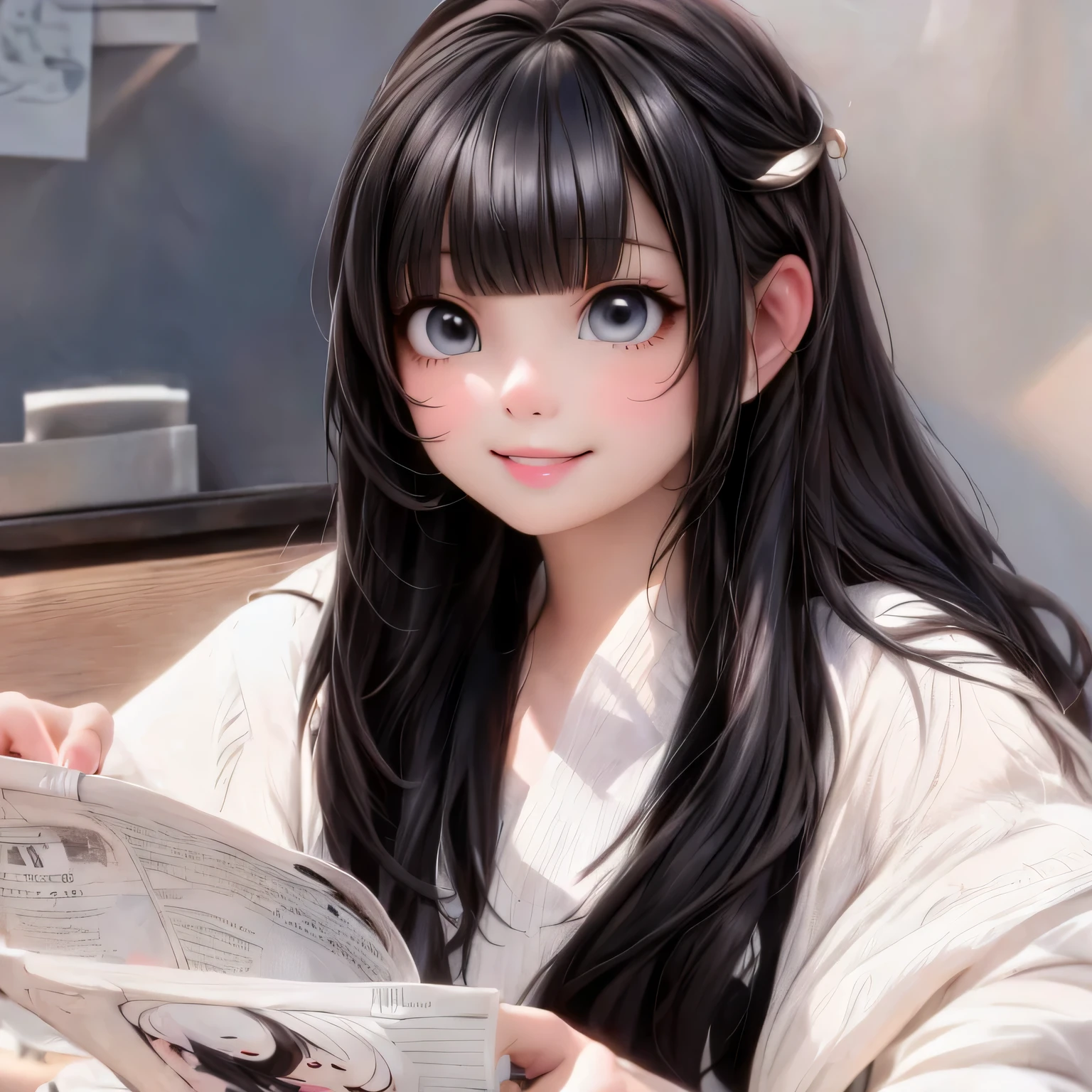 masterpiece, best quality, a cute girl smiling with long black hair and bangs holding a newspaper, ulzzang, she has black hair with bangs, white hime cut hairstyle, long black hair with bangs, black hime cut hair, long hair with full bangs, long straight bangs, long dark hair with bangs, korean girl, long hair with bangs, neat hair with bangs, with full bangs, cute digital painting, cute digital art, realistic cute girl painting, cute detailed digital art, cute cartoon characters, beautiful character painting, cute characters, cute anime girl, cute cartoon, kawaii realistic portrait, digital cartoon painting art, cartoon cute, cute portrait, render a cute 3D anime girl, kawaii realistic portrait, anime moe art style, drawn in an anime artist studio