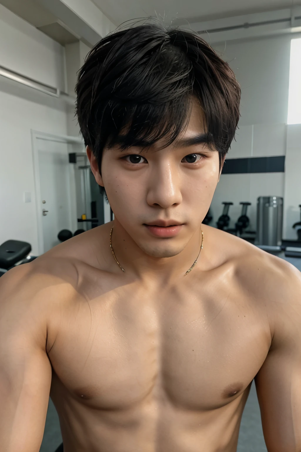 A 21 year old Korean man, BTS singer style, just his face, no shirt, self photo, shy, in a gym, self photo, front camera,