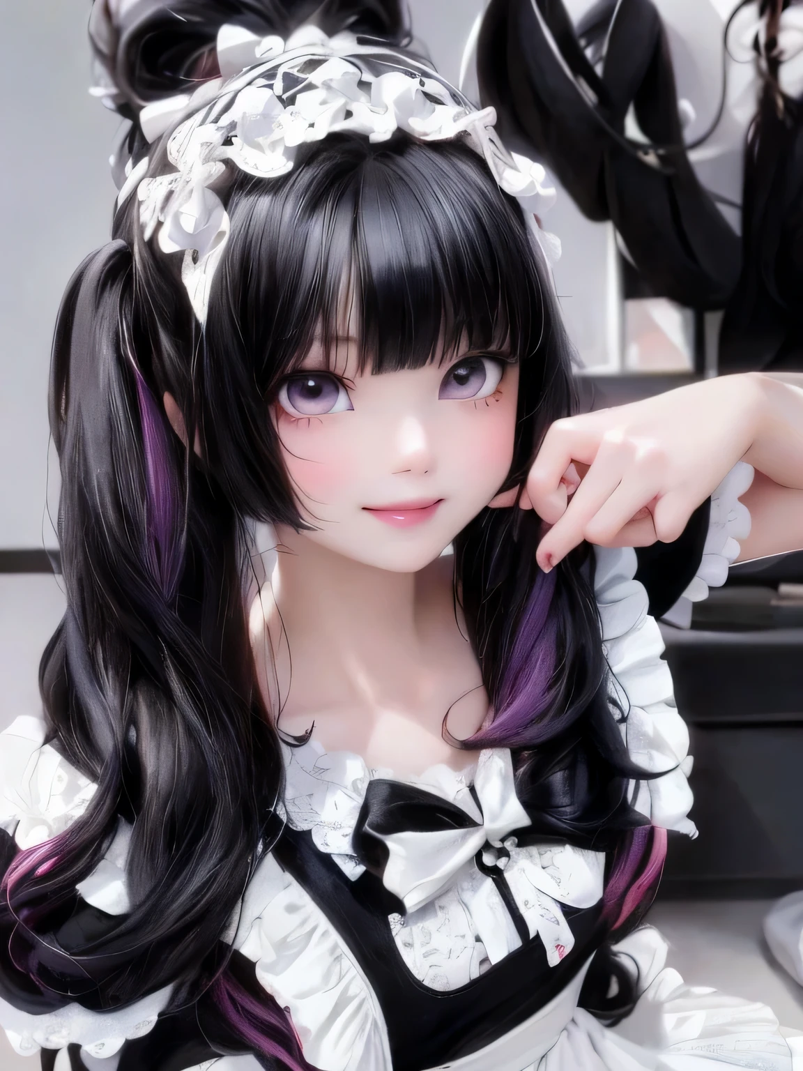 masterpiece, best quality, a cute girl smiling with long black hair and black boots posing for a picture, cruel korean goth girl, ulzzang, she has black hair with bangs, black hime cut hair, long black hair with bangs, goth girl aesthetic, 1 7 -  - old me goth girl, anime girl in real life, long dark hair with bangs, pale goth beauty, cute digital painting, cute digital art, realistic cute girl painting, cute detailed digital art, cute cartoon characters, beautiful character painting, cute characters, cute anime girl, cute cartoon, kawaii realistic portrait, digital cartoon painting art, cartoon cute, cute portrait, render a cute 3D anime girl, kawaii realistic portrait, anime moe art style, drawn in an anime artist studio 

