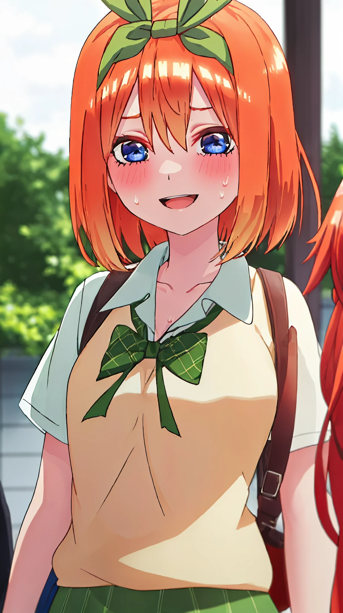 best quality, masterpiece, highres, solo, {nakano_yotsuba_gotoubunnohanayome:1.15}, orange_hair, bangs, ribbon, green_ribbon, hair_ribbon, blush, hair_between_eyes, blue_eyes, short_hair, eyebrows_hidden_by_hair, smile, 1girl, collarbone, open_mouth, shirt, green_hairband, green_shirt, sweatdrop, upper_body, blurry, blurry_background, hairband, looking_at_viewer, green_bow