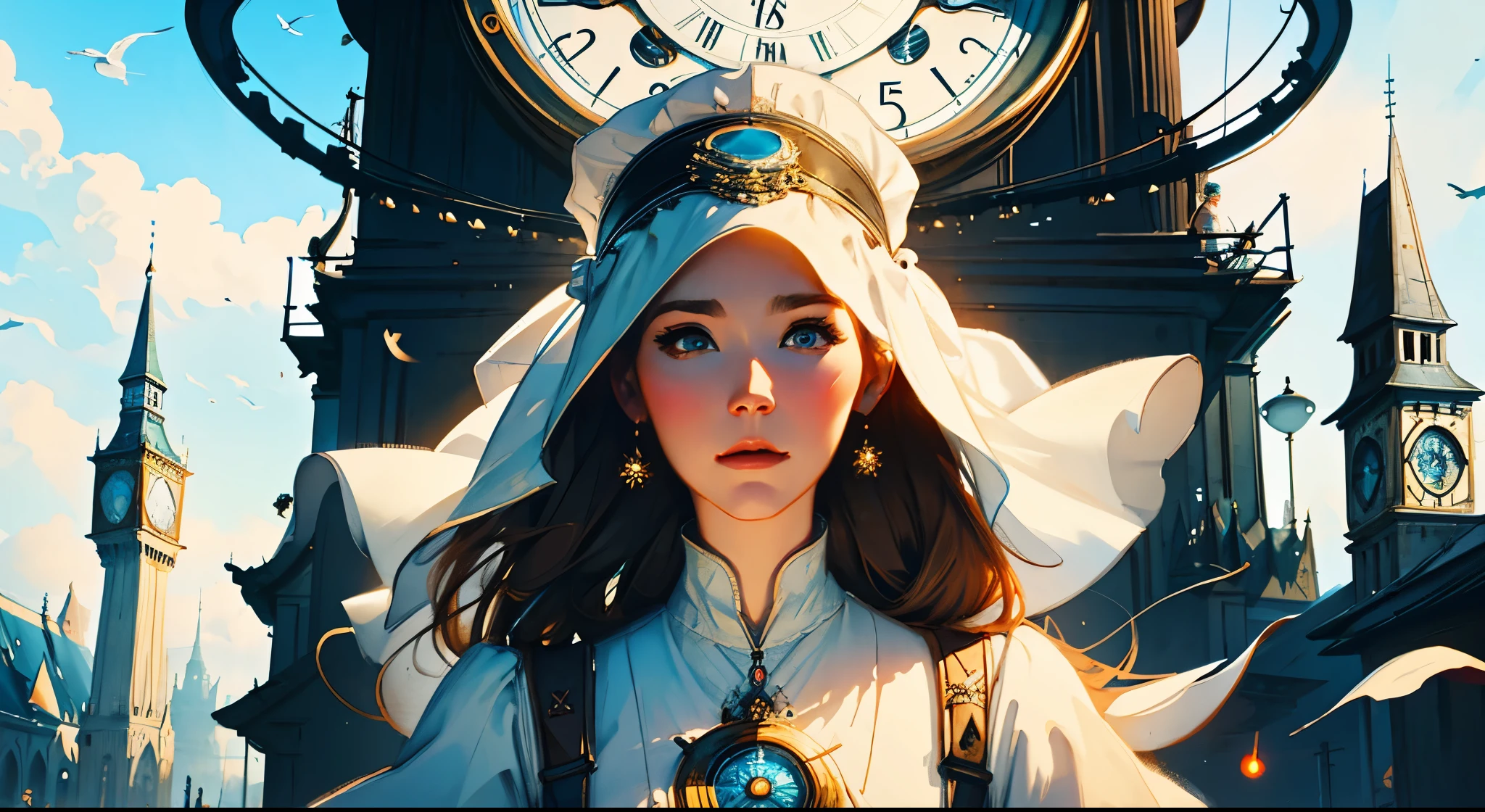 a close up of a woman with a white dress and a clock tower, artgerm and james jean and peter mohrbacher, karol bak and tom bagshaw, wlo and peter mohrbacher, julie bell beeple,