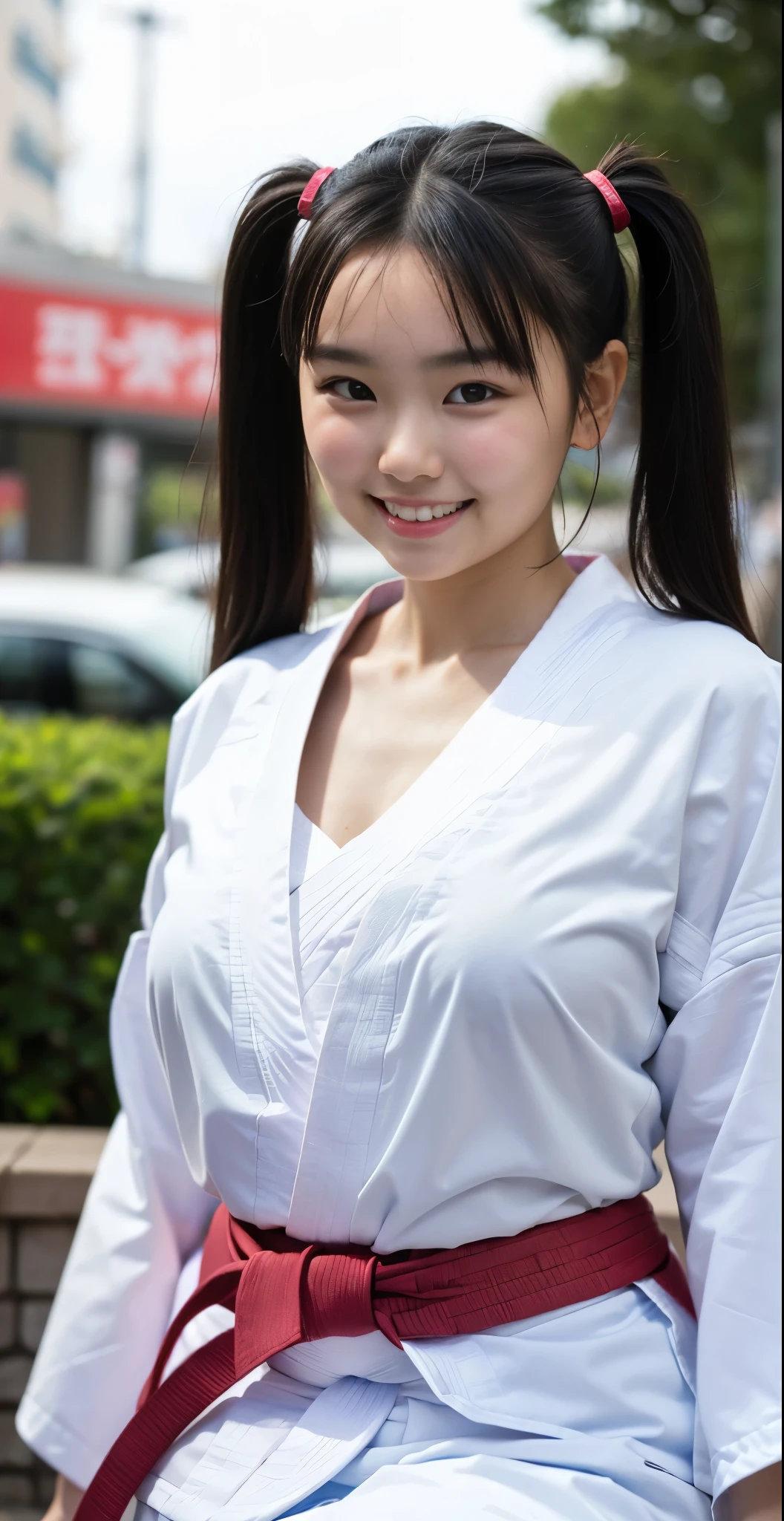 （8K、Raw photography、highest quality、masterpiece：1.2),(black haired、Two side up twin tails:1.5),show viewer,Looking at the front,erotic,white skin,(Wearing a karate kimono:1.7)、(dojo)、(Clothing that emphasizes the shape of your chest、exposing one&#39;s skin:1.6)、(big boobs:1.0)、slim body shape、ultra high resolution,beautiful,beautiful fece,(alone, alone、no background:1.9),whole bodyボディー,japanese woman,（Photoreal：1.37）、photon mapping,reality、(Cute with a : 1.4)、(cute smile: 1.7)、(With a round face: 1.9)、radio city、Physically based rendering、depth of field rally background、photograph, (I can see your knees,close up of thighs:1.4),whole body、super fine