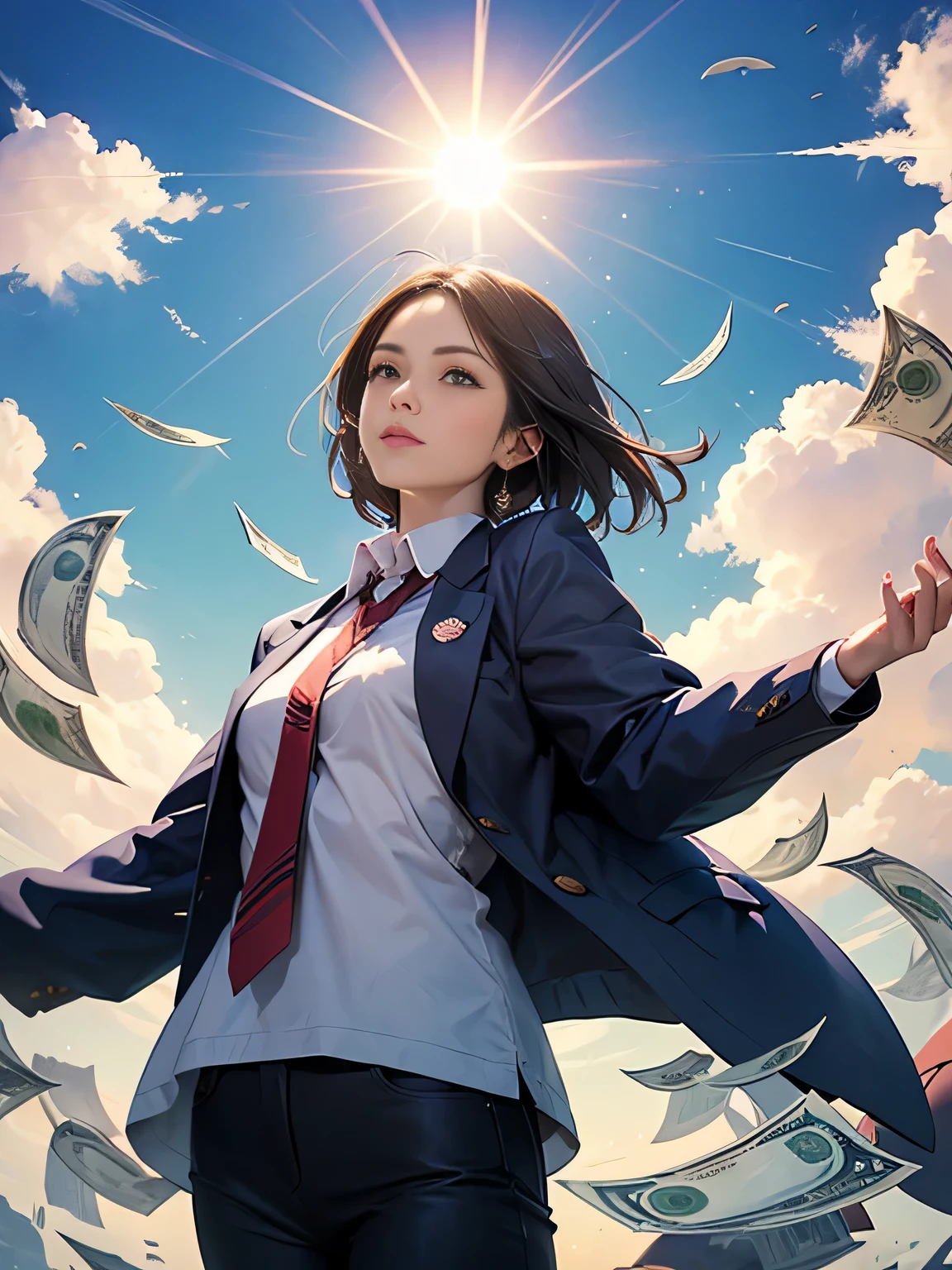 Money is falling from the sky,blue sky,the sun is pointing to the light,