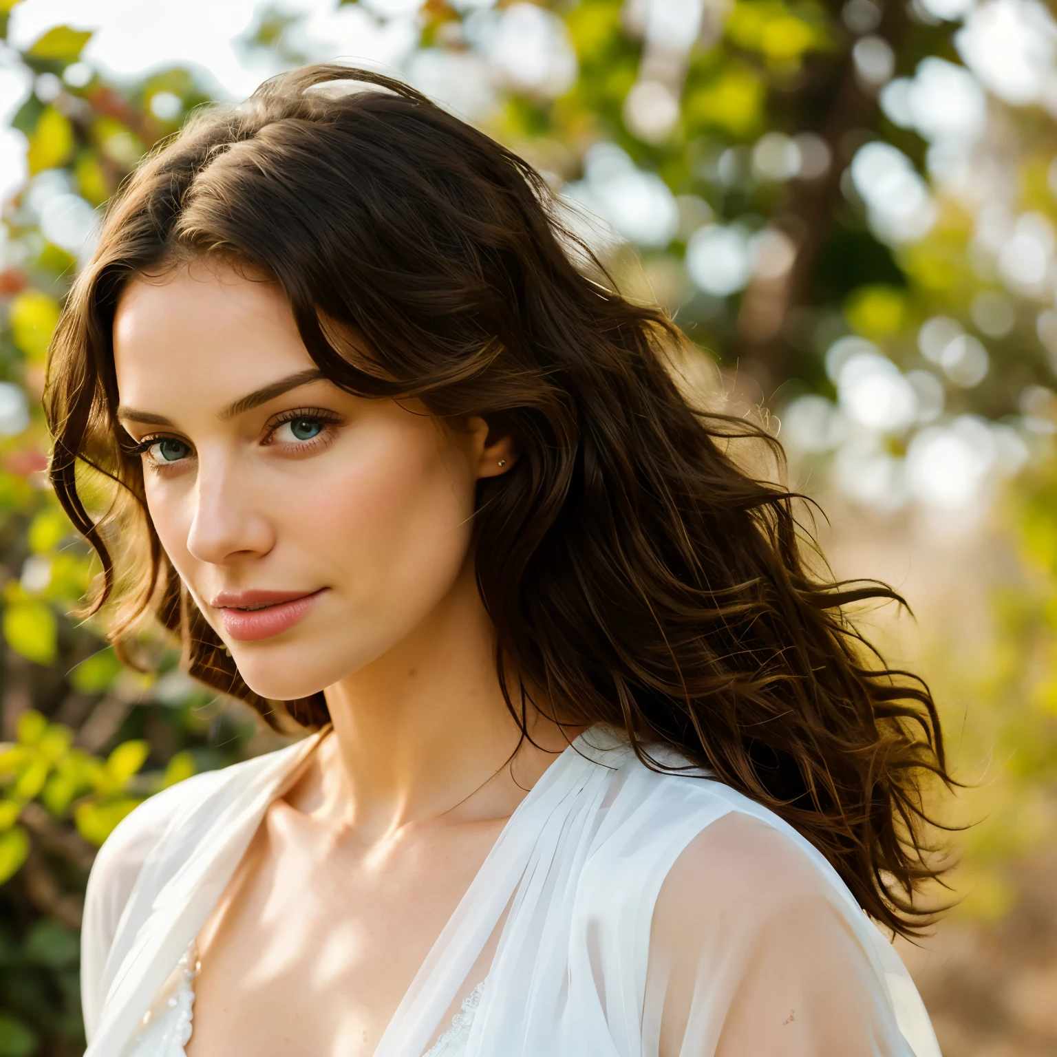 Woman in translucent white dress, translucent, elegant white gown, woman with attractive figure, 30 years old, innocent face, long wavy hair, bright blue eyes, high-resolution, masterpiece, best quality, intricate details, highly detailed, sharp focus, detailed skin, realistic skin texture, texture, detailed eyes, professional, 4k, charming smile, captured on Canon, 85mm, shallow depth of field, Kodak Vision Color, perfectly fitted body, extremely detailed, photorealistic, realistic, post-processing, maximum details, roughness, real life, ultra-realistic, photorealism, photography, 8k uhd, photography.