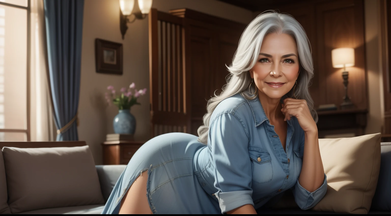 A naked old woman on top of a bed, she has quite large breasts, meanwhile she has her erect husband on her side