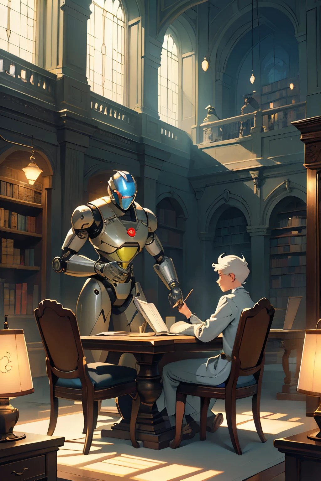 In a quiet and serene library, a sleek and modern robot is seated at a wooden table, engrossed in the pages of a Disney-style picture book. The robot's metallic frame gleams under the soft light of the library, contrasting starkly against the antique furniture and dusty bookshelves. With intricate circuits and mechanisms visible through small cracks in its exterior, the robot's expression is one of focused intensity as it reads, each mechanized finger meticulously turning the pages. The book itself, an enchanting compilation of classic Disney tales, is opened wide, revealing vibrant illustrations that dance across its surface. An ethereal aura of peace and tranqu