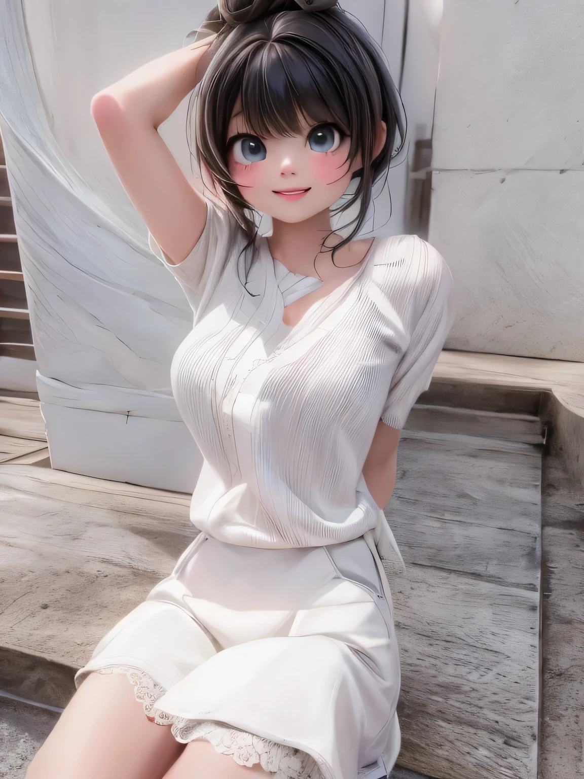 masterpiece, best quality, a cute girl smiling sitting on a step with a white shirt, smooth white tight clothes suit, white hime cut hairstyle, in white clothes, korean girl, white trendy clothes, asian girl, anime girl in real life, white top, shikamimi, sakimichan, ulzzang, casual white garment, beautiful asian girl, white outfit, cute digital painting, cute digital art, realistic cute girl painting, cute detailed digital art, cute cartoon characters, beautiful character painting, cute characters, cute anime girl, cute cartoon, kawaii realistic portrait, digital cartoon painting art, cartoon cute, cute portrait, render a cute 3D anime girl, kawaii realistic portrait, anime moe art style, drawn in an anime artist studio