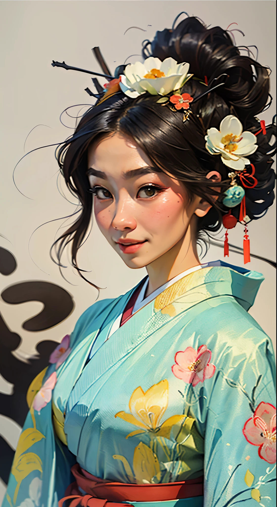 8K, top-quality, hight resolution, Bishoujo 1 25 years old, Flower steamed buns,A slight smil, (traditional Japanese kimono:1.3)、Luxury kimono、no wrinkles at all,watercolor paiting, (Flower hair ornament:1.3)