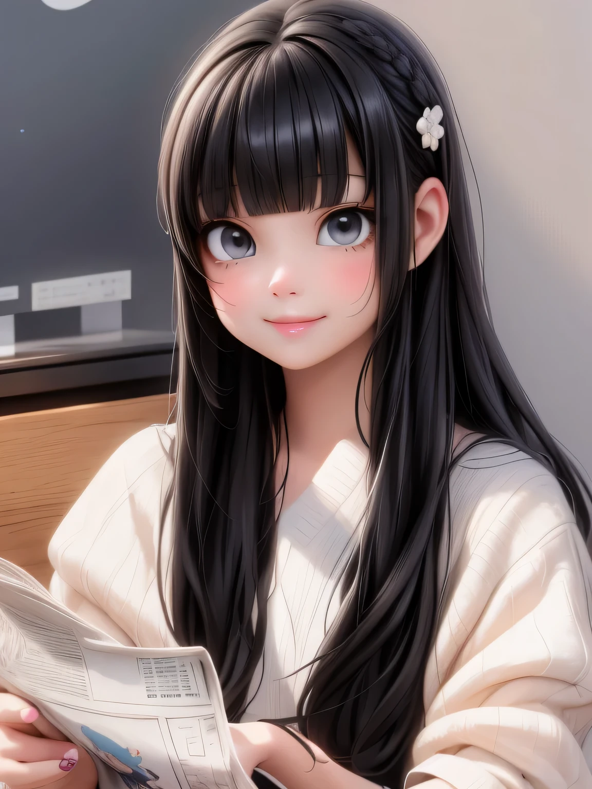 masterpiece, best quality, a close up of a cute girl smiling with long black hair and bangs holding a newspaper, ulzzang, she has black hair with bangs, white hime cut hairstyle, long black hair with bangs, black hime cut hair, long hair with full bangs, long straight bangs, long dark hair with bangs, korean girl, long hair with bangs, neat hair with bangs, with full bangs, cute digital painting, cute digital art, realistic cute girl painting, cute detailed digital art, cute cartoon characters, beautiful character painting, cute characters, cute anime girl, cute cartoon, kawaii realistic portrait, digital cartoon painting art, cartoon cute, cute portrait, render a cute 3D anime girl, kawaii realistic portrait, anime moe art style, drawn in an anime artist studio
