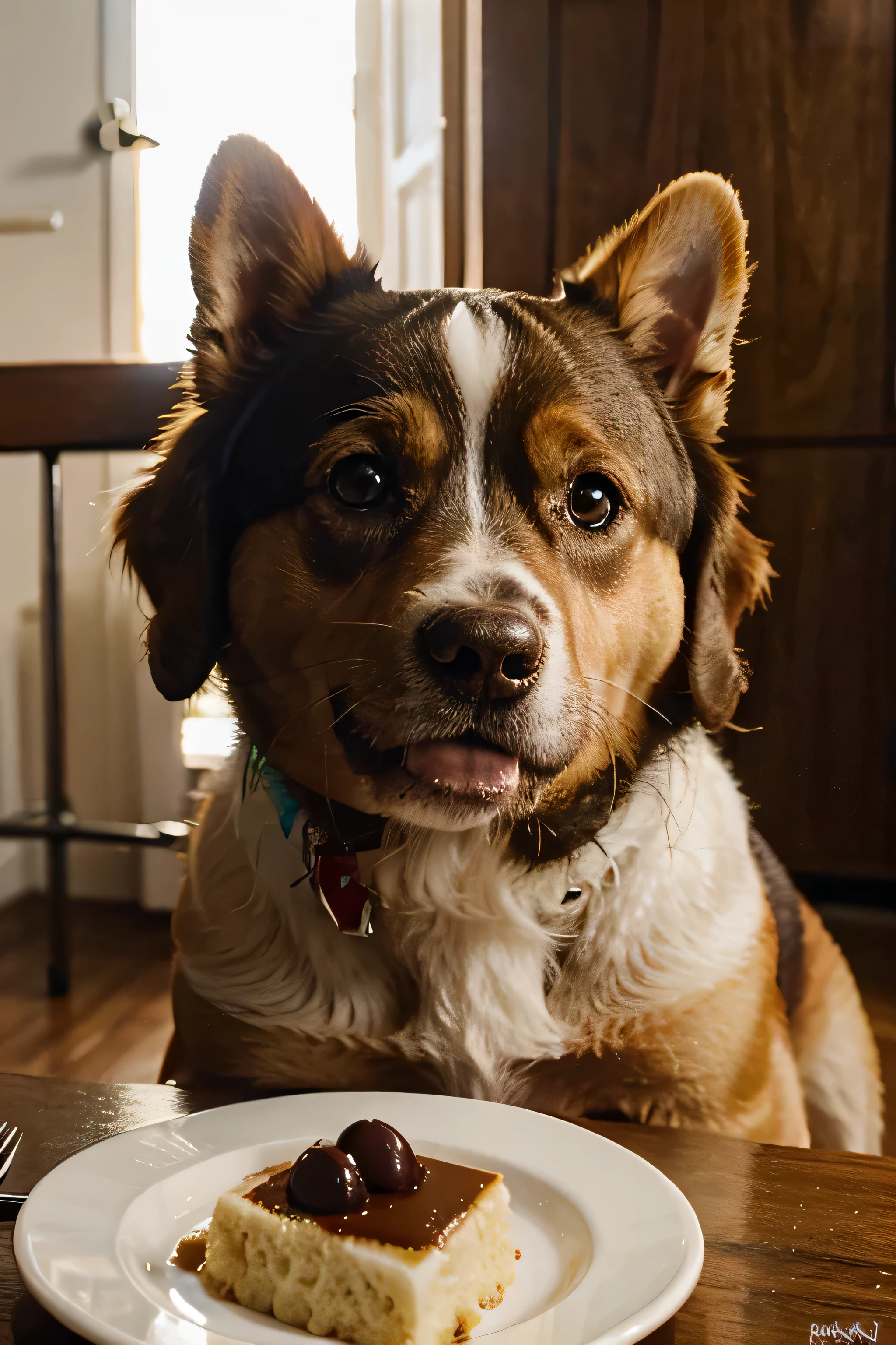 Alta qualidade, fotografia, cachorro feliz, comendo bolo de cereja