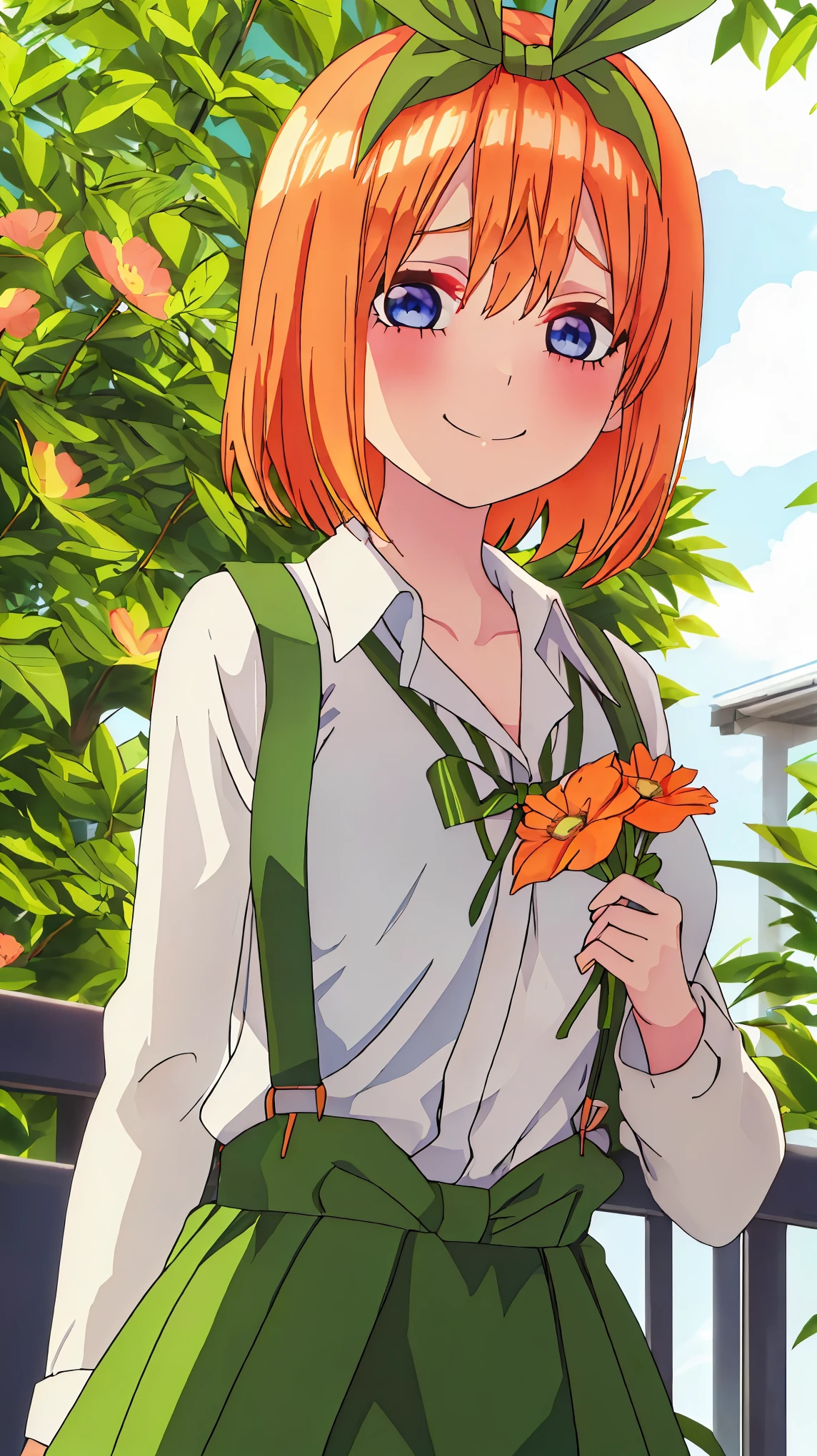 best quality, masterpiece, highres, solo, {nakano_yotsuba_gotoubunnohanayome:1.15}, orange_hair, bangs, ribbon, green_ribbon, hair_ribbon, blush, hair_between_eyes, blue_eyes, short_hair, eyebrows_hidden_by_hair, closed_mouth, 1girl, shirt, collarbone, looking_at_viewer, striped, striped_shirt, breasts, long_sleeves, smile, upper_body, white_shirt, suspenders girl, ((holding a flower viewing it to the viewer))