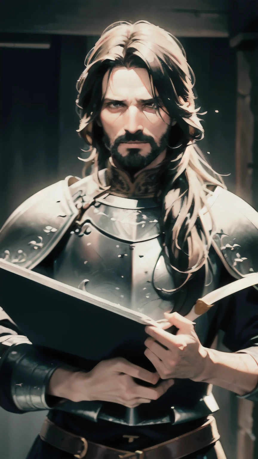 Aragorn, a 48-year-old man, married, with long curly chestnut hair, a stubble beard. He is a knight wearing white plate armor, skilled in swordsmanship. The scene is set in the medieval era, with a strong and determined gaze from Aragorn. The lighting is firm and intense, with little light falling on his face. The image quality should be (best quality,4k,8k,highres,masterpiece:1.2),ultra-detailed, and (realistic,photorealistic,photo-realistic:1.37). The art style should showcase portraits, and the overall color tone should be rich and vibrant.