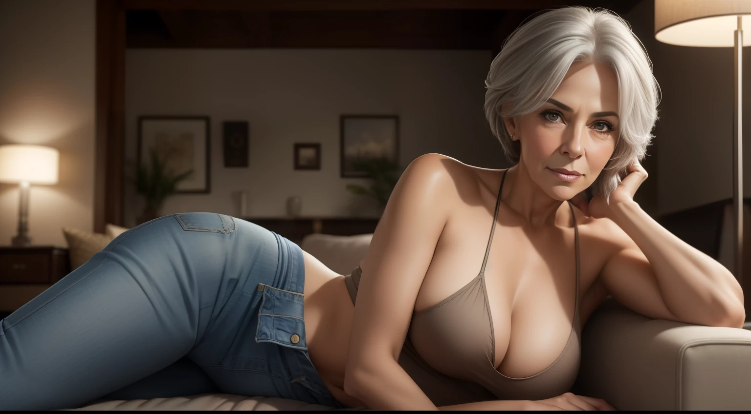 portrait of a 65 year old woman with gray hair, seductive look, brown eyes, some wrinkles on her face, 8K, detailed background, utlra realistic, realism, exta realistic, wrinkles on body, at home posing in the living room, wearing a pair of jeans, back showing big butt, nighttime, NSFW, showing full body, full body, soft lighting, extreme detail, HDR, short hair