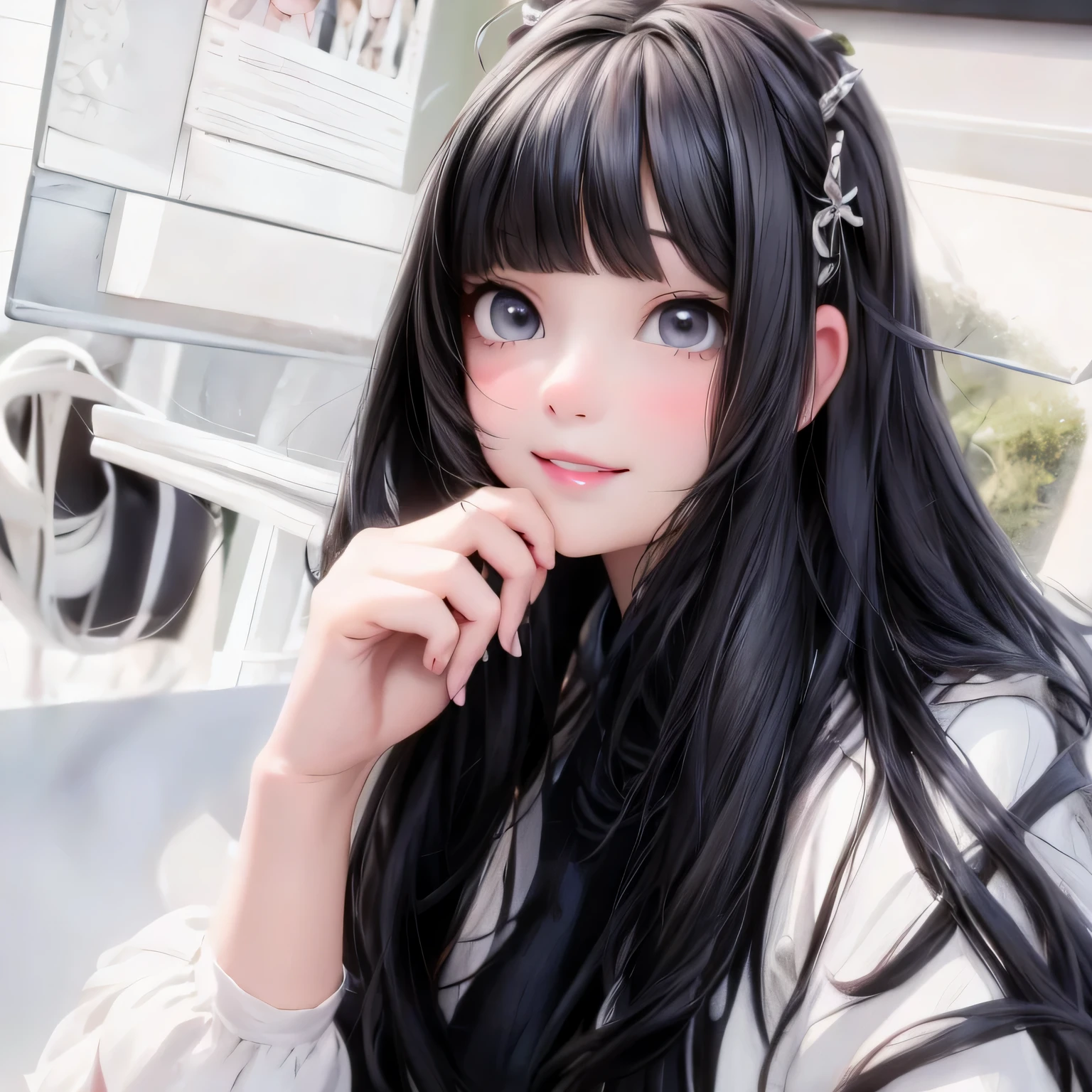 masterpiece, best quality, a cute girl smiling with long black hair and a white shirt, black hime cut hair, she has black hair with bangs, long black hair with bangs, white hime cut hairstyle, long dark hair with bangs, ulzzang, anime girl in real life, long hair with full bangs, sui ishida with black hair, black hair and white bangs, cute digital painting, cute digital art, realistic cute girl painting, cute detailed digital art, cute cartoon characters, beautiful character painting, cute characters, cute anime girl, cute cartoon, kawaii realistic portrait, digital cartoon painting art, cartoon cute, cute portrait, render a cute 3D anime girl, kawaii realistic portrait, anime moe art style, drawn in an anime artist studio