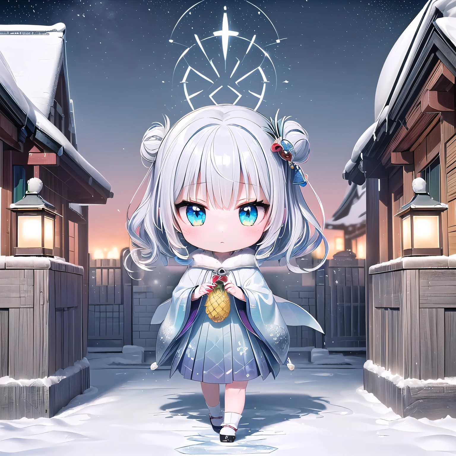 (chibi, pineapple, 3dcg, 1 girl: 1.5), (red cheeks, indifference, Expressionless, hair blowing in the wind, almond shaped eyes, shiny white-blue hair,chignon hair, Carefully drawn fingertips: 1.2), (masterpiece, highest quality, Beautiful anatomy: 1.3), (chibi Body,  hood coat with fur,crystal ,ice craft accessories,full body, fairy queen with beautiful wings,upward gaze: 1.3), (A frozen winter wonderland of sparkling mansions, on-site parks, and icicles,Participate in the quest, Frozen  pineapple,move freely through the air,guidance of light,high ceiling church,: 1.4),(an old castle at night,Exorcism,an offering,sengoku,Kunoichi,shrine maiden, moonlight:1.5)