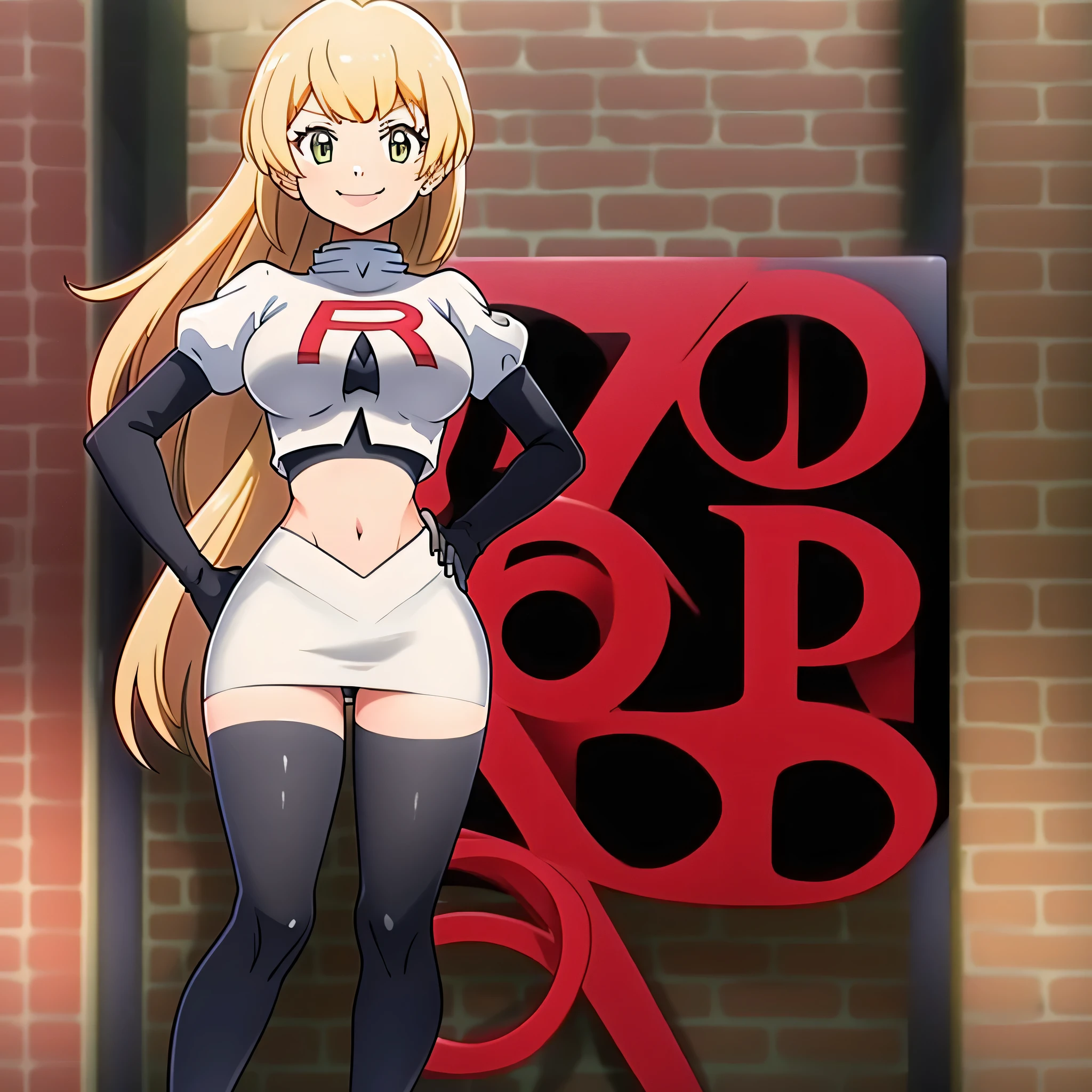 8k, anime screencap,1girl in, (solo:1.1), (perfect body:1.1), (best quality:1.1), very large breast, team rocket uniform, red letter r, white skirt,white crop top,black thigh-high boots, black elbow gloves, evil smile, looking down at viewer, hands on hips,zettai ryouiki,