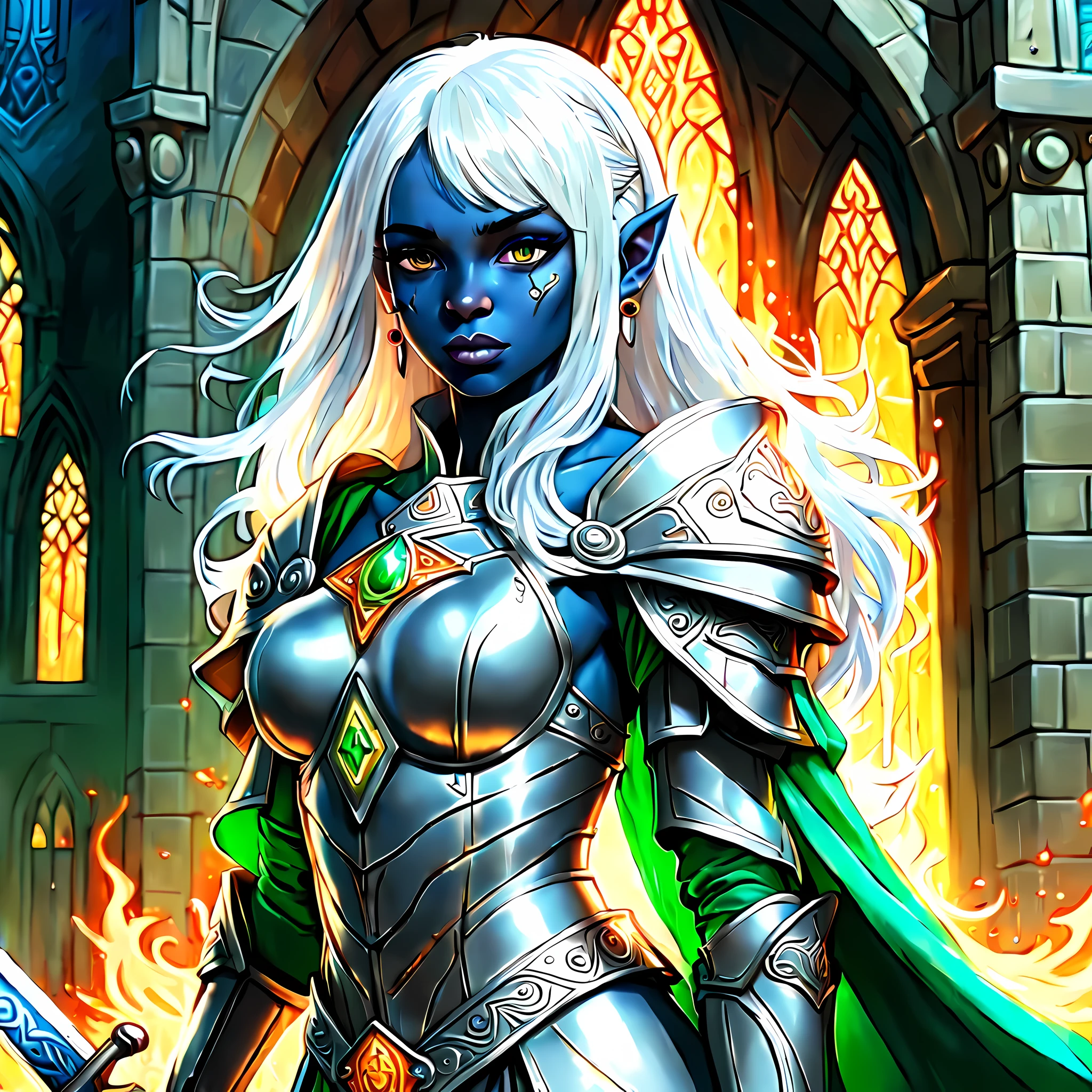fantasy art, dnd art, RPG art, wide shot, (masterpiece: 1.4) a (portrait: 1.3) intense details, highly detailed, photorealistic, best quality, highres, portrait a vedalken female (fantasy art, Masterpiece, best quality: 1.3) ((blue skin: 1.5)), intense details facial details, exquisite beauty, (fantasy art, Masterpiece, best quality) cleric, (blue colored skin: 1.5) 1person blue_skin, blue skinned female, (white hair: 1.3), long hair, intense (green: 1.3) eye, fantasy art, Masterpiece, best quality) armed a fiery sword red fire, wearing heavy (white: 1.3) half plate mail armor, wearing high heeled laced boots, wearing an(orange :1.3) cloak, wearing glowing holy symbol GlowingRunes_yellow, within fantasy temple background, reflection light, high details, best quality, 16k, [ultra detailed], masterpiece, best quality, (extremely detailed), close up, ultra wide shot, photorealistic, RAW, fantasy art, dnd art, fantasy art, realistic art,((best quality)), ((masterpiece)), (detailed), perfect face, ((no ears: 1.6))