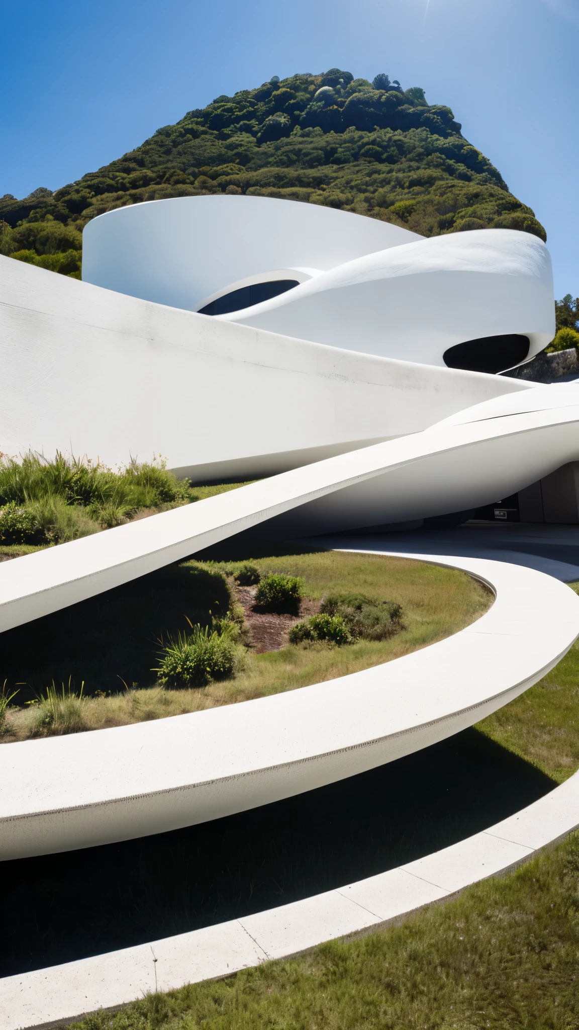 foto crua, (biomorphic museum building seen from outside), ((front elevation)), (limestone), Curvilinear, bordas curvas, Mediterranean sea environment, white sky, (luz difusa:1.3) (areia Branca), estilo minimalista, particulas sujas, fotografia de arquitetura, hiper-realista, super detalhado, 8k, Nikon Z6 mirrorless camera, Film grain