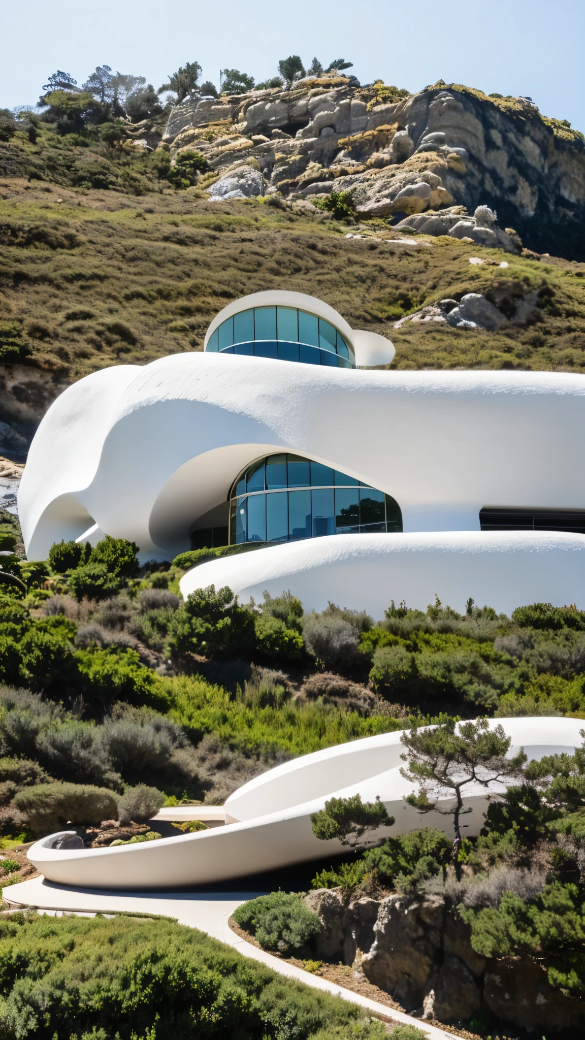 foto crua, (biomorphic museum building seen from outside), ((front elevation)), (limestone), Curvilinear, bordas curvas, Mediterranean sea environment, white sky, (luz difusa:1.3) (areia Branca), estilo minimalista, particulas sujas, fotografia de arquitetura, hiper-realista, super detalhado, 8k, Nikon Z6 mirrorless camera, Film grain