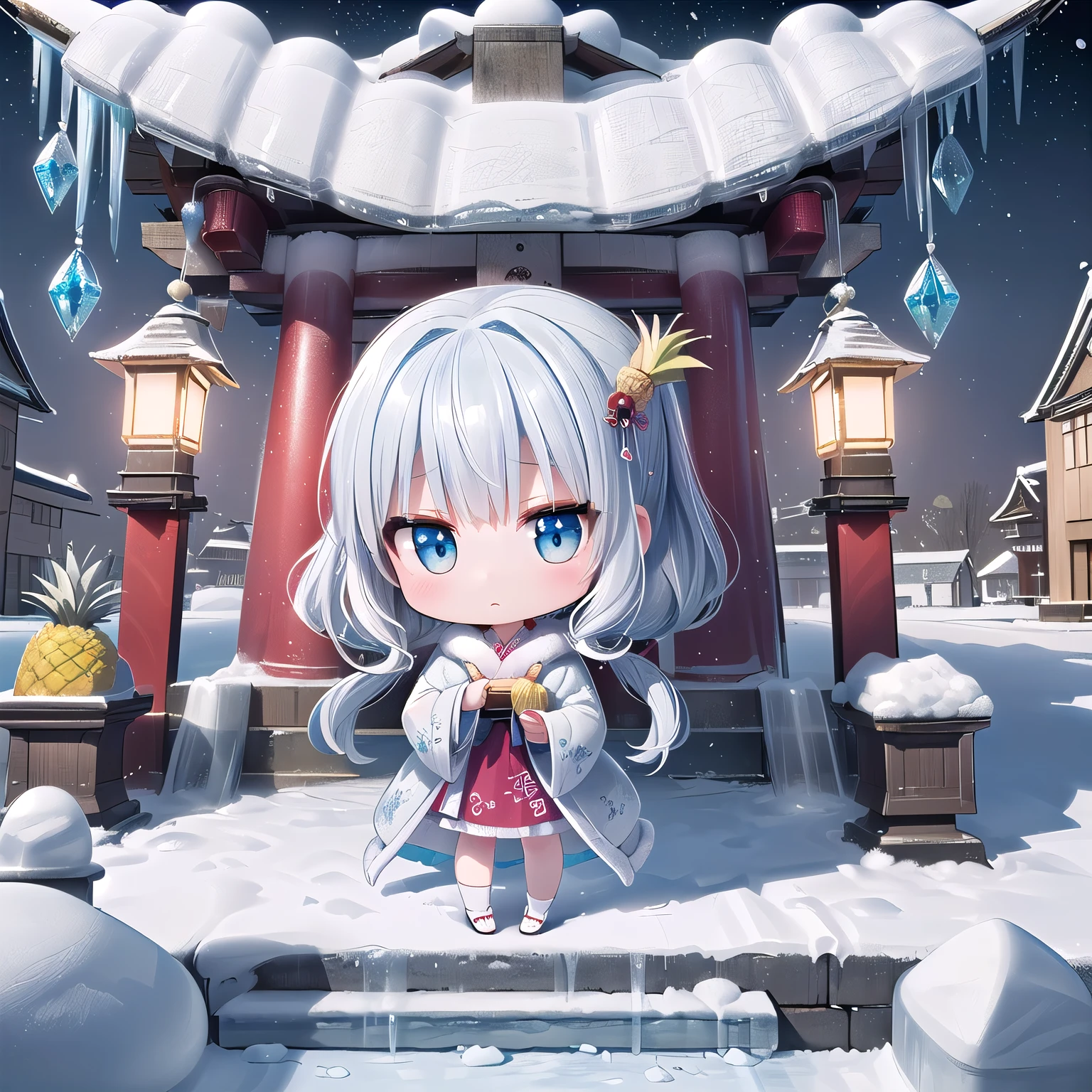 (chibi, pineapple, 3dcg, 1 girl: 1.5), (red cheeks, indifference, Expressionless, hair blowing in the wind, almond shaped eyes, shiny white-blue hair,chignon hair, Carefully drawn fingertips: 1.2), (masterpiece, highest quality, Beautiful anatomy: 1.3), (chibi Body,  hood coat with fur,crystal ,ice craft accessories,full body, fairy queen with beautiful wings,upward gaze: 1.3), (A frozen winter wonderland of sparkling mansions, on-site parks, and icicles,Participate in the quest, Frozen  pineapple,move freely through the air,guidance of light,high ceiling church,: 1.4),(an old castle at night,Exorcism,an offering,sengoku,Kunoichi,shrine maiden, moonlight:1.5)