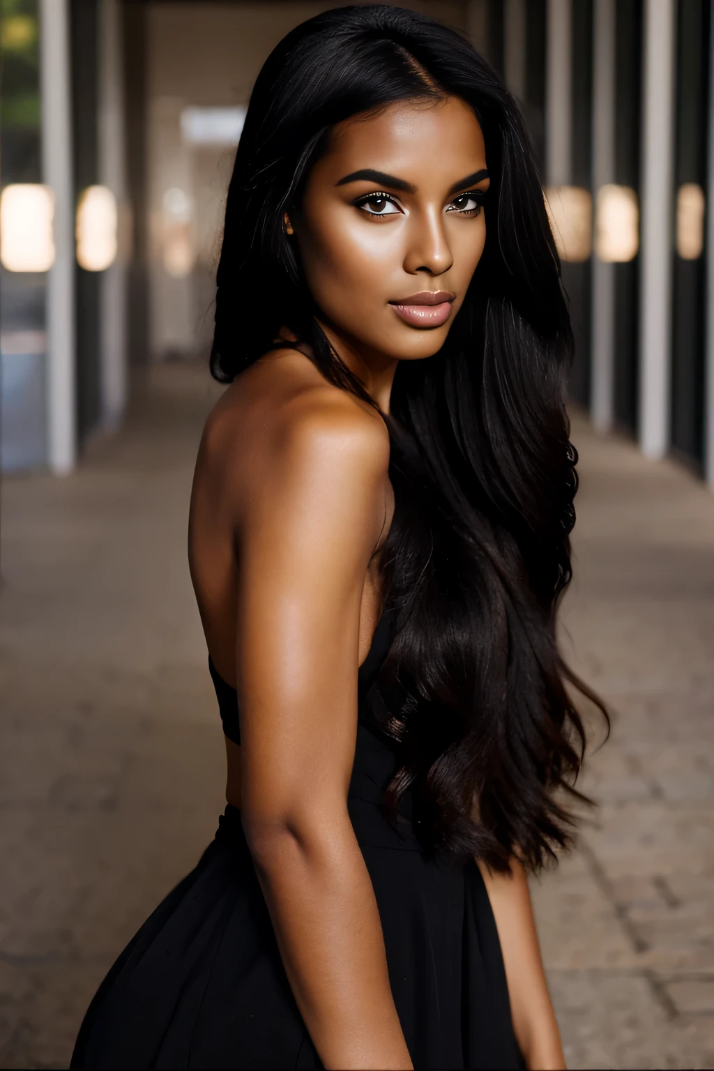 A cute women with long, flowing black hair, brown eyes, glossy lips - full body in picture in a random pose in a random location and outfit