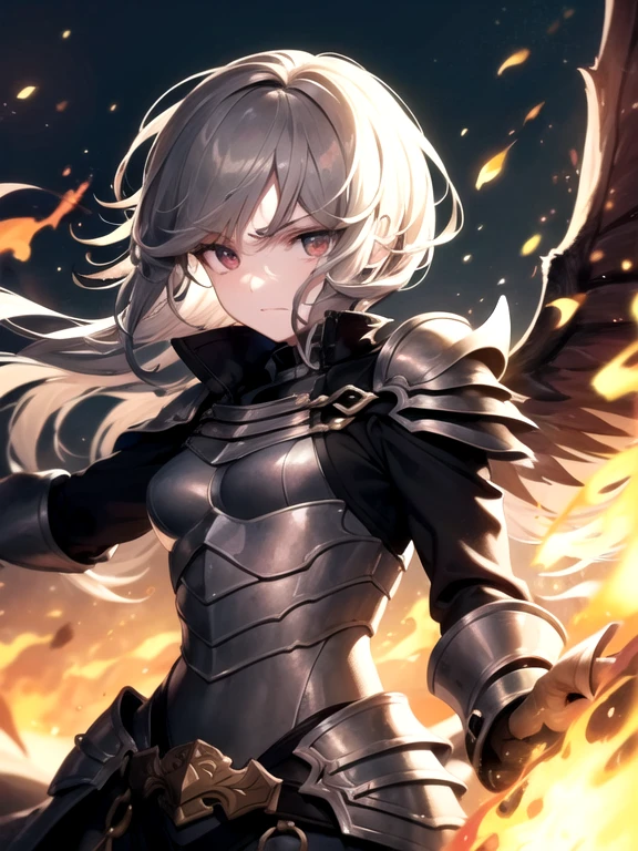 ((super fine illustration, 8K, masterpiece :1.2, sharp focus :1.2, Depth of bounds written:1.2)), Beautiful swordsman, disorganized, Highly detailed face and skin texture, silver hair, Jet black armor, Flame Armor, Cloak engulfed in flames, A sword engulfed in flames, flame wings, Determination to overcome grief, A sign of determination in your kind eyes , strong soul