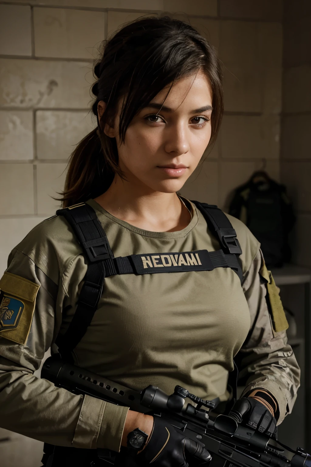 Modern female soldier with her tactical equipment and her rifle. Que tenga anteojos y su casco moderno. Con un parche de E.P. en el brazo derecho y en el brazo izquierdo la bandera Argentina. De fondo hombres y mujeres soldados moderno .Estilo foto real