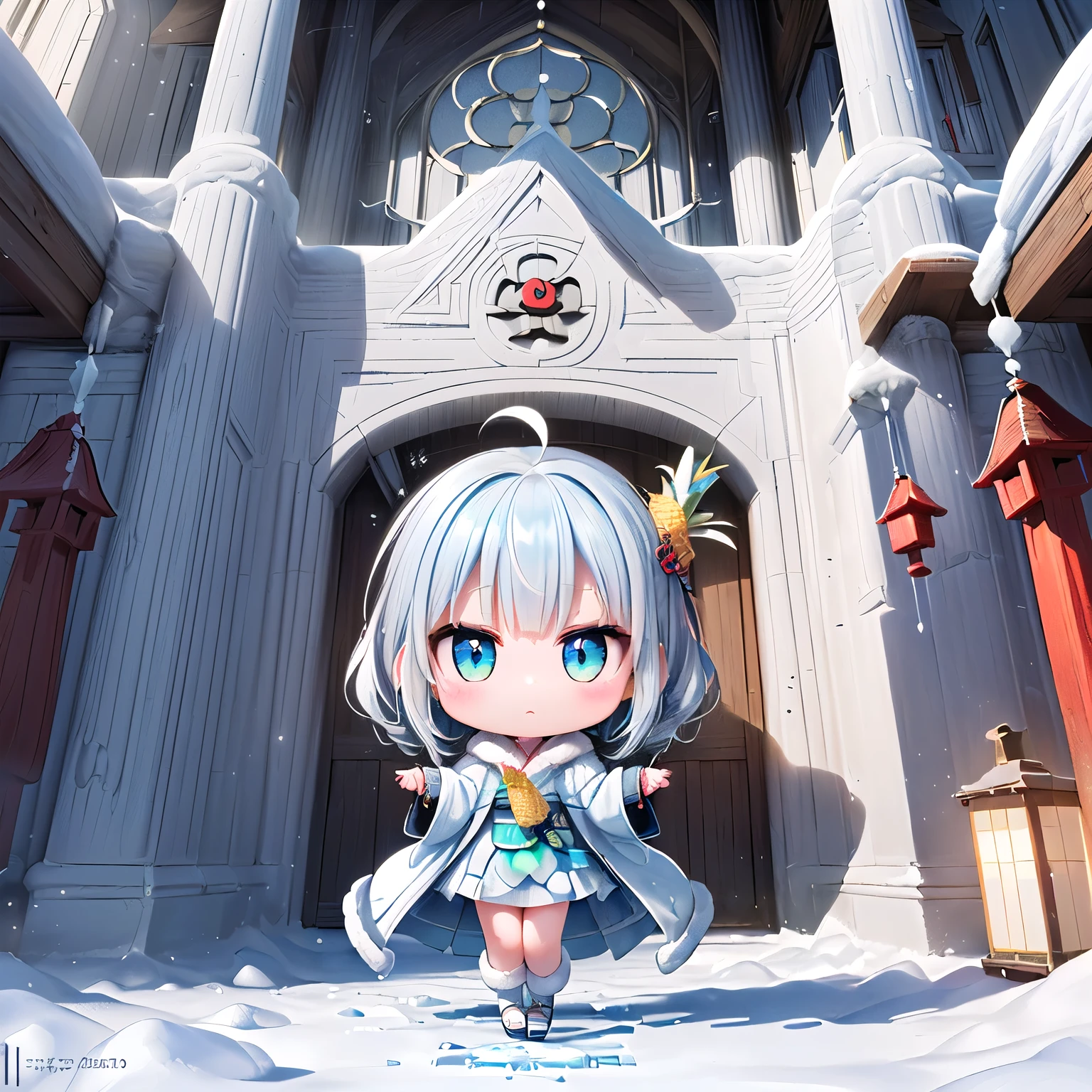 (chibi, pineapple, 3dcg, 1 girl: 1.5), (red cheeks, indifference, Expressionless, hair blowing in the wind, almond shaped eyes, shiny white-blue hair,chignon hair, Carefully drawn fingertips: 1.2), (masterpiece, highest quality, Beautiful anatomy: 1.3), (chibi Body, hood coat with fur,crystal ,ice craft accessories,full body, fairy queen with beautiful wings,upward gaze: 1.3), (A frozen winter wonderland of sparkling mansions, on-site parks, and icicles,Participate in the quest, Frozen pineapple,move freely through the air,guidance of light,high ceiling church,: 1.4),(an old castle at morning,Exorcism,an offering,sengoku,Kunoichi,shrine maiden, moonlight:1.5)