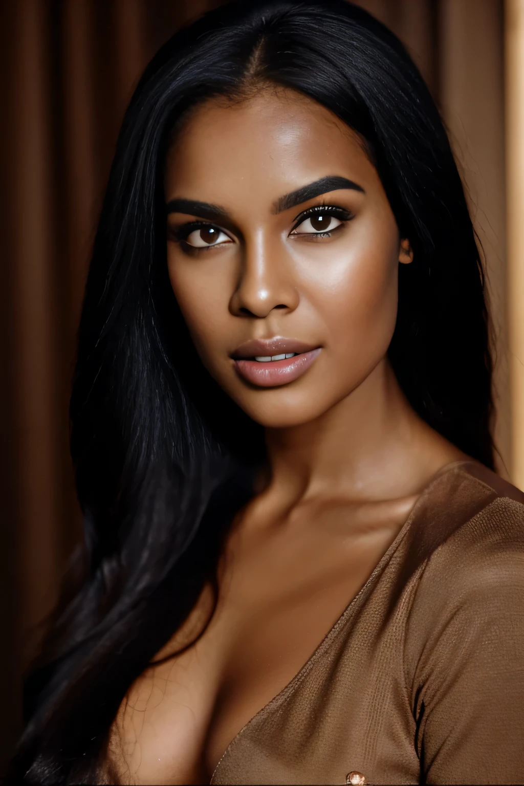 A cute women with long, flowing black hair, brown eyes, glossy lips - full body in picture in a random pose in a random location and outfit